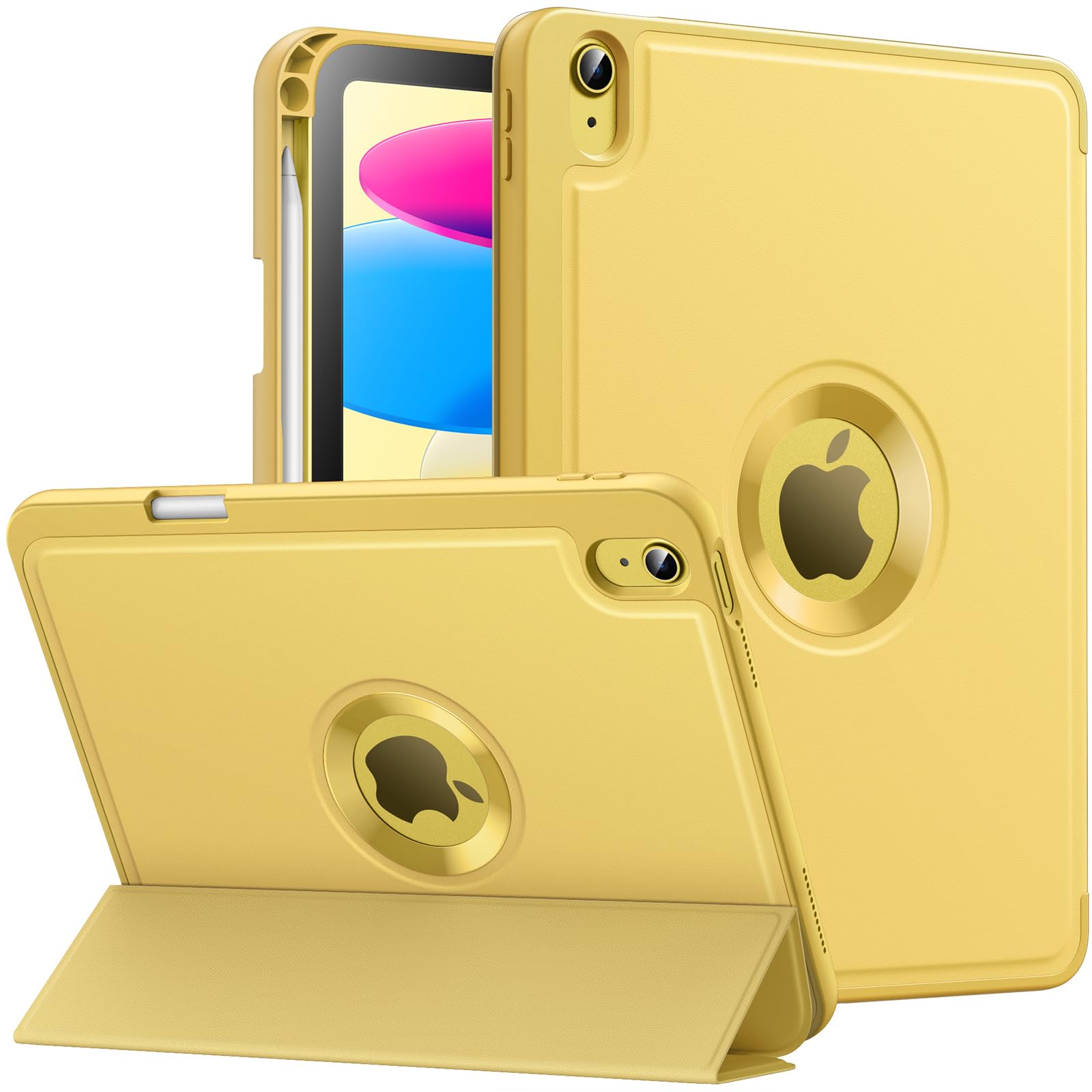 MoKo for iPad 10th Generation 10.9 Inch Case 2022 with Pencil Holder, Smart Trifold Protective iPad Case with Soft TPU Back Stand Cover for 10th gen iPad 2022,Hollow Logo/Auto Wake/Sleep,Light Yellow