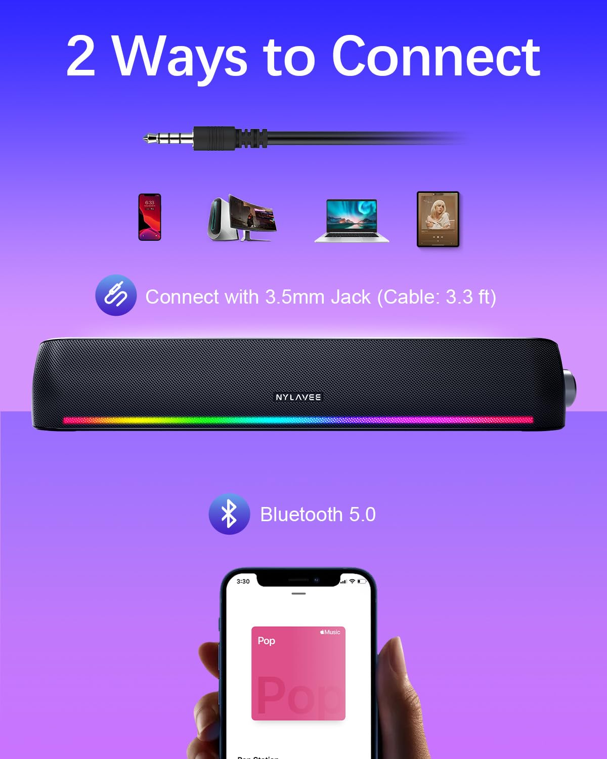 Computer Speakers, Hi Fi Sound Quality Computer Sound Bar, Bluetooth 5.0 & 3.5Mm Wired Pc Speakers With 4 Dynamic Lighting Modes