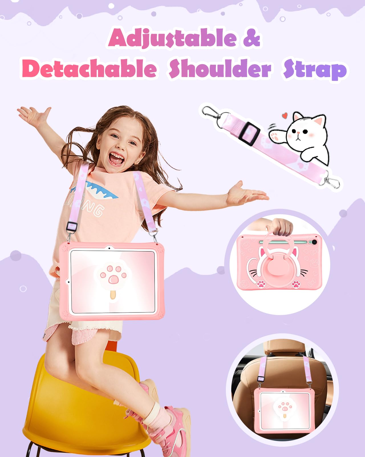 Wazzasoft For Samsung Galaxy Tab S9 Fe 5G Case 10.9 Inch Girls Cute Cat Kawaii Cover Girly 3D Cartoon Women Kitten With Rotating