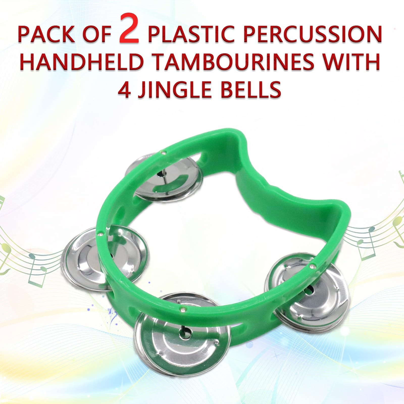 Cheerock Pack Of 2 Plastic Percussion Handheld Tambourines With 4 Jingle Bells, Green Mini Hand Bell Percussion, Musical Rhythm