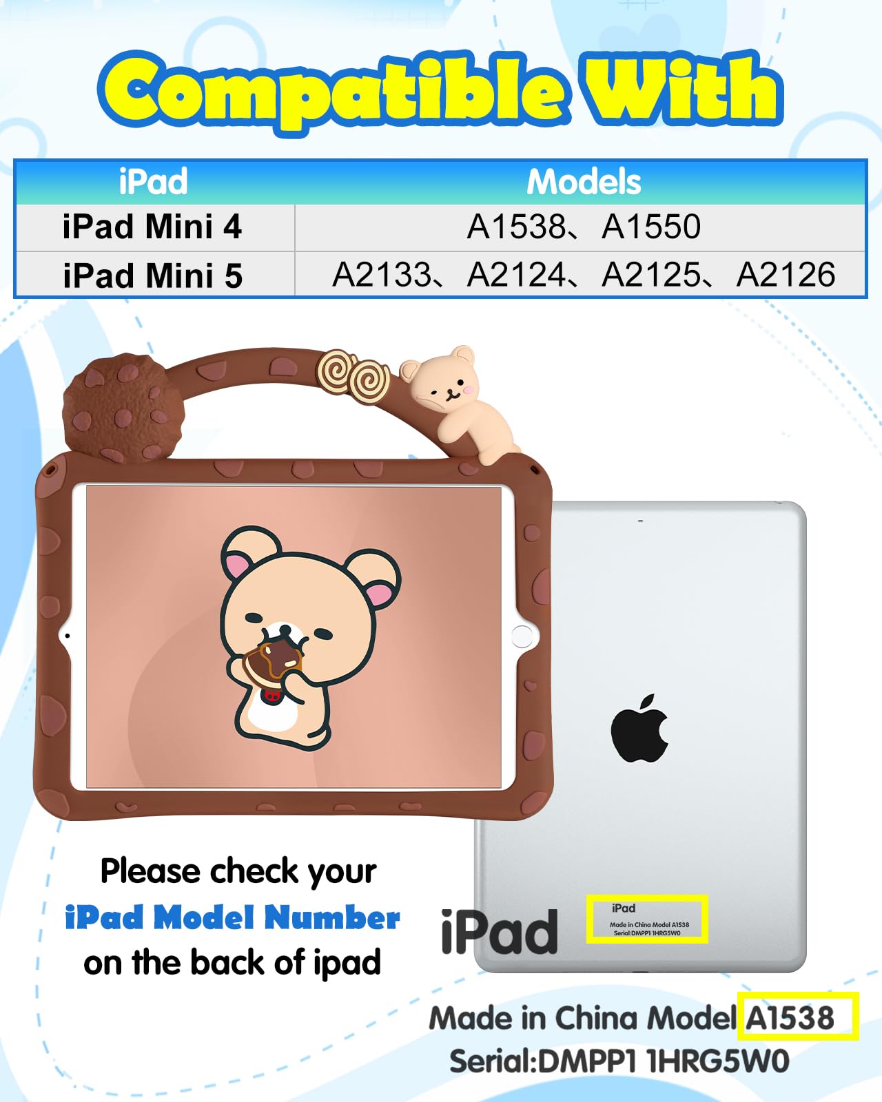 Wazzasoft For Ipad Mini 4/5 Case 7.9 Inch Girls Boys Cute Kawaii Cover 3D Cartoon Girly Women Bear Soft Silicone With Rotating H