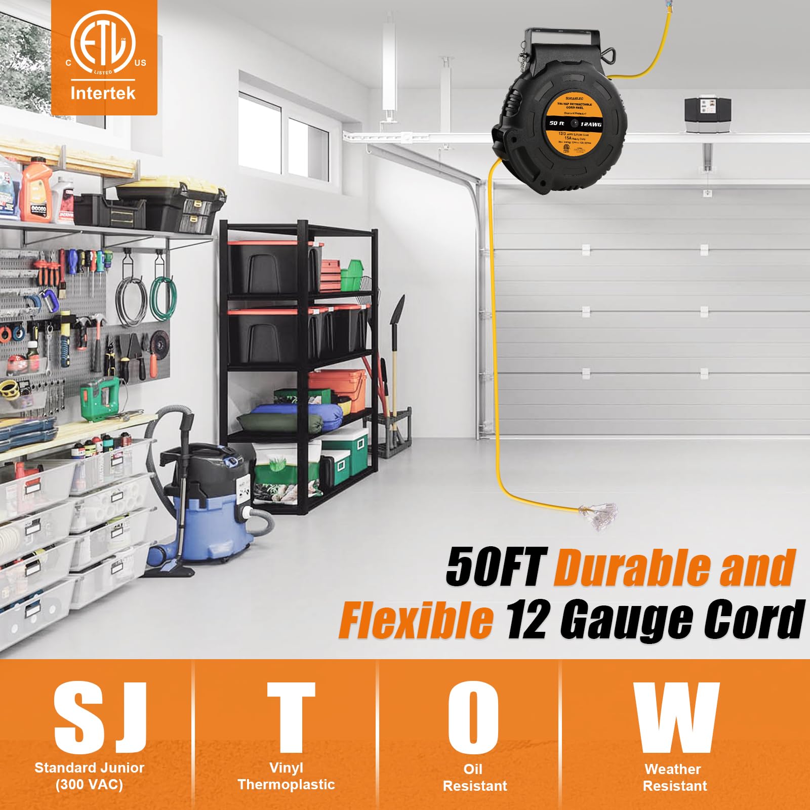 Suraielec 12 Gauge Retractable Extension Cord Reel, 50 Ft 12 Awg/3C Sjtow Heavy Duty Power Cord, 3 Outlets Triple Tap, 15 Amp Ci