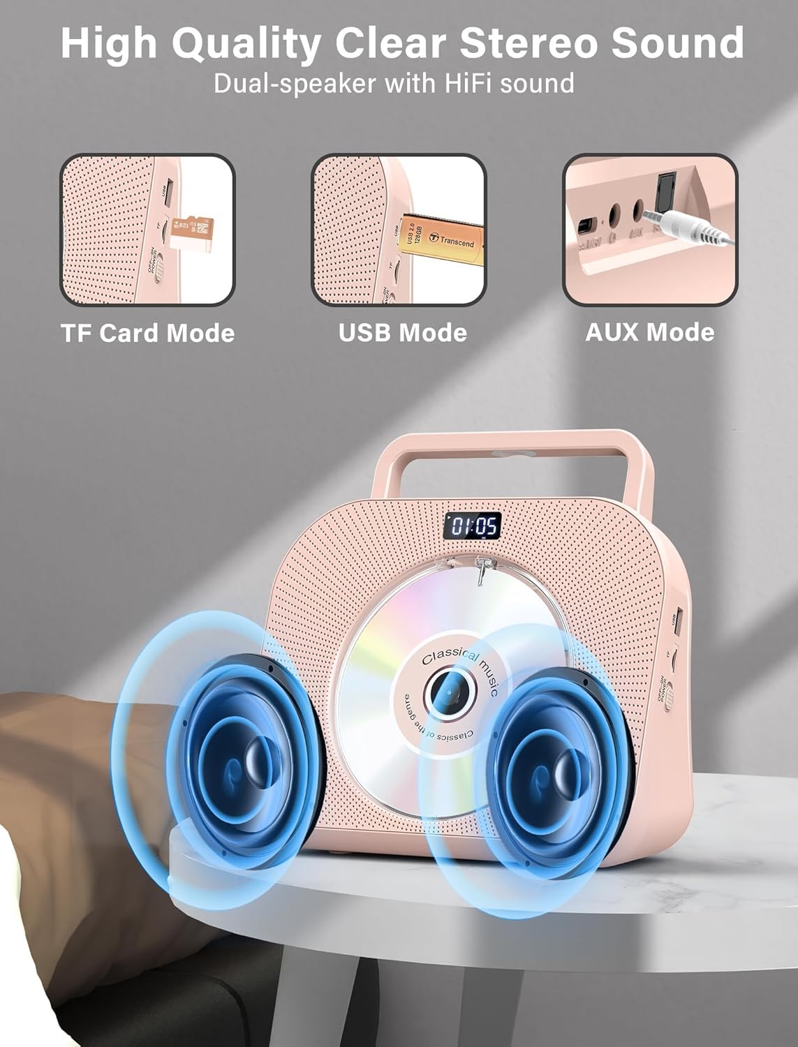 Desktop Cd Player For Home With Dual Speakers,Handle, Cd Player With Fm Radio,Portable Cd Player With Bluetooth Sleep Sound,Remo