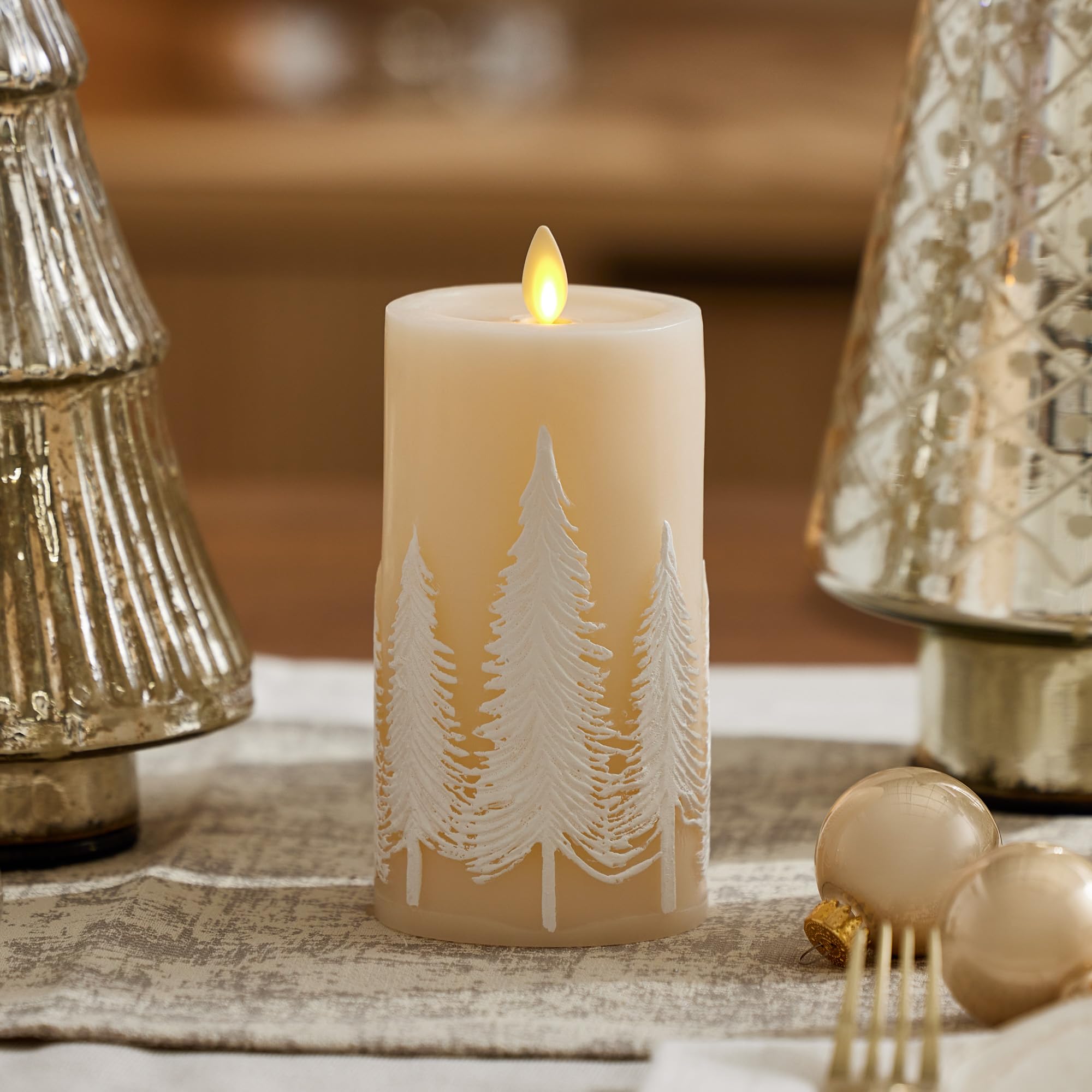 Luminara White Swan Embossed Trees Flameless Led Candle, 3.2'' X 6.5'', Moving Flame, Safe Timer Feature, Real Wax, Battery Oper