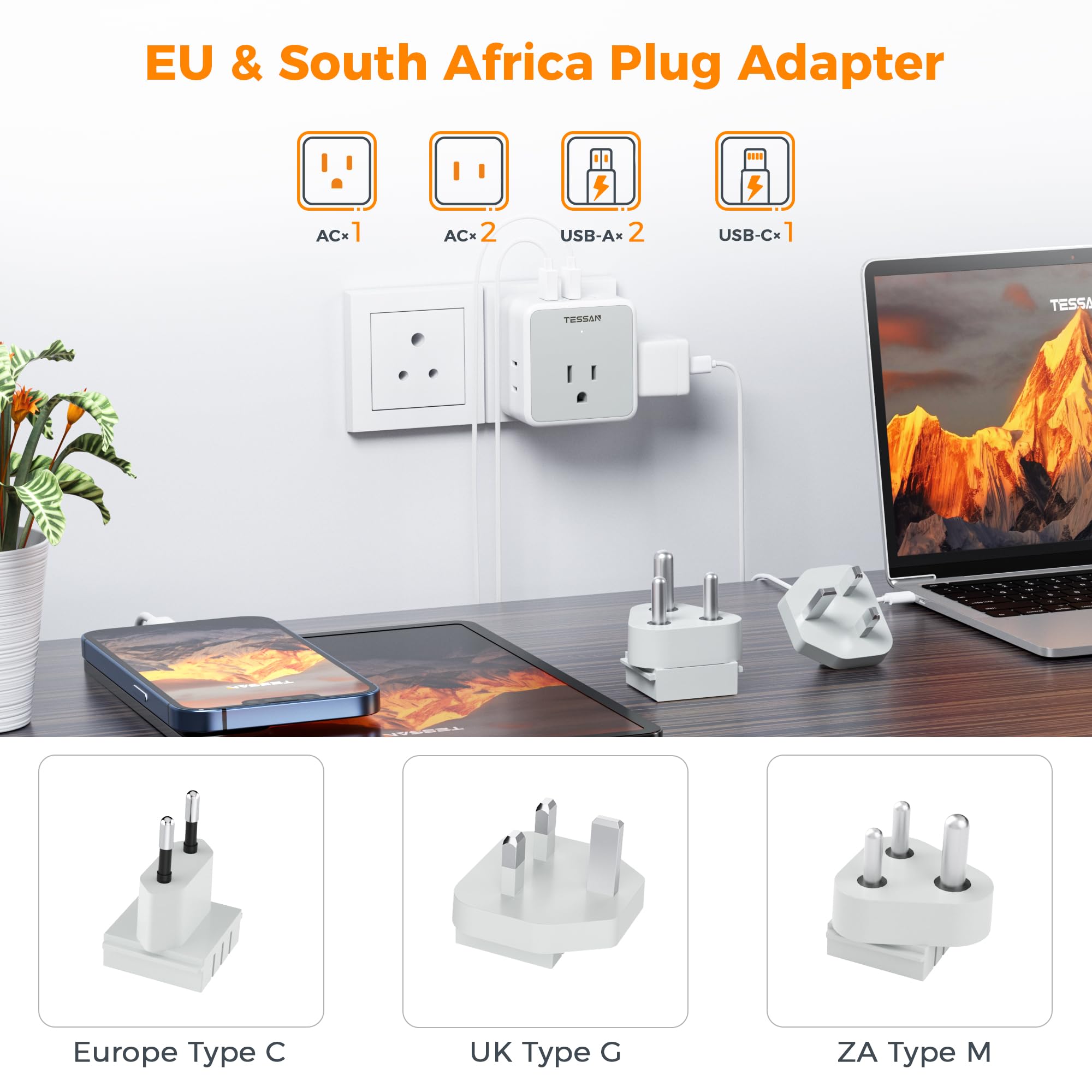 Tessan All European Uk Travel Plug Adapter Kit, International Detachable Converter With 3 Outlet 3 Usb(1 Usb C), Type C/G/E/F/M