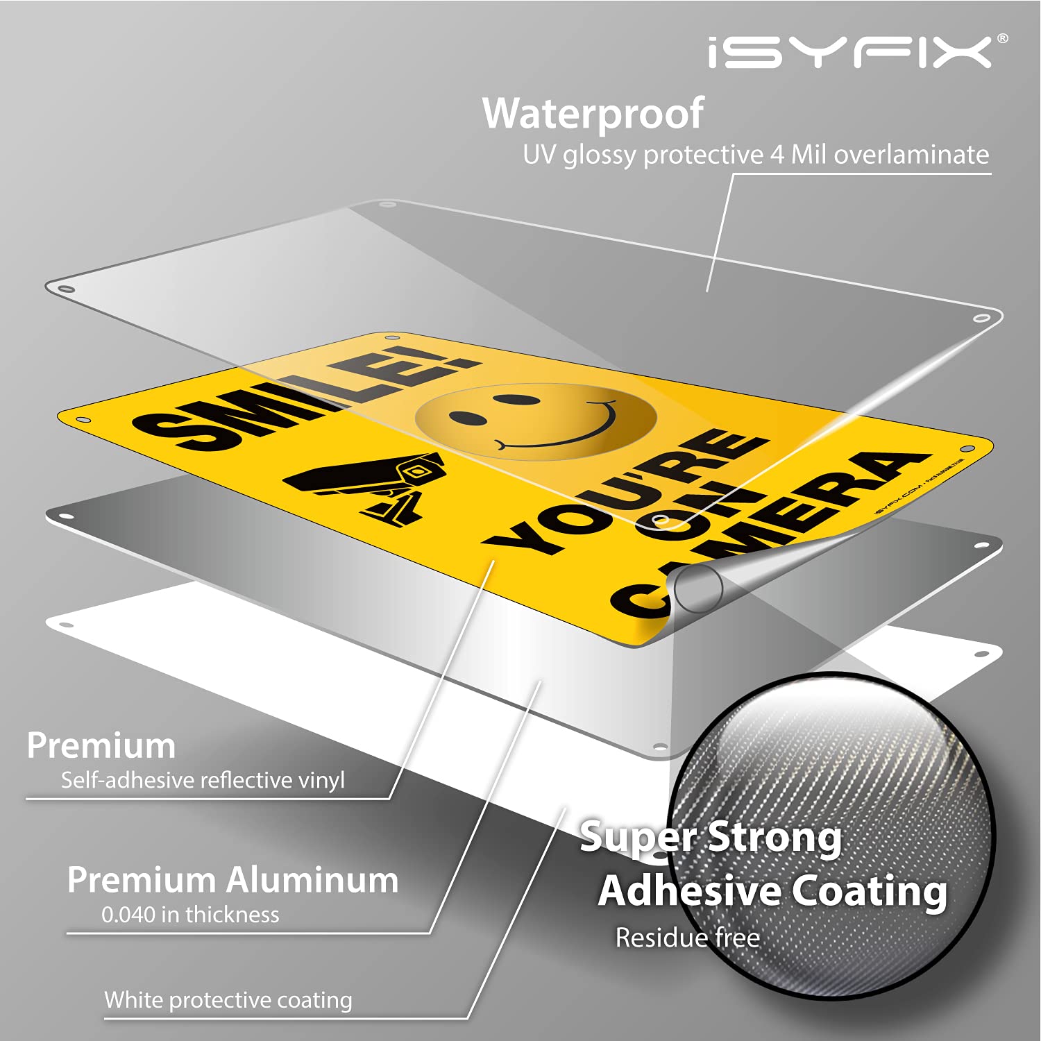 Isyfix Smile Youre On Camera Reflective Signs For Business - 1 Pack 7X10 Inch - 100% Rust Free .040 Aluminum Sign, Laminated Fo