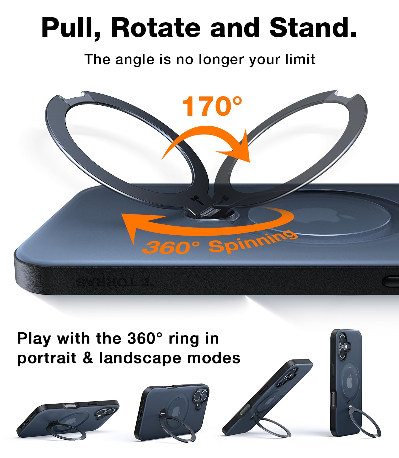 Torras 360 Spin Magnetic Stand Case For Iphone 16 Plus Case, Fit For Magsafe, 12Ft Military Grade Protective Case For 16 Plus Ph