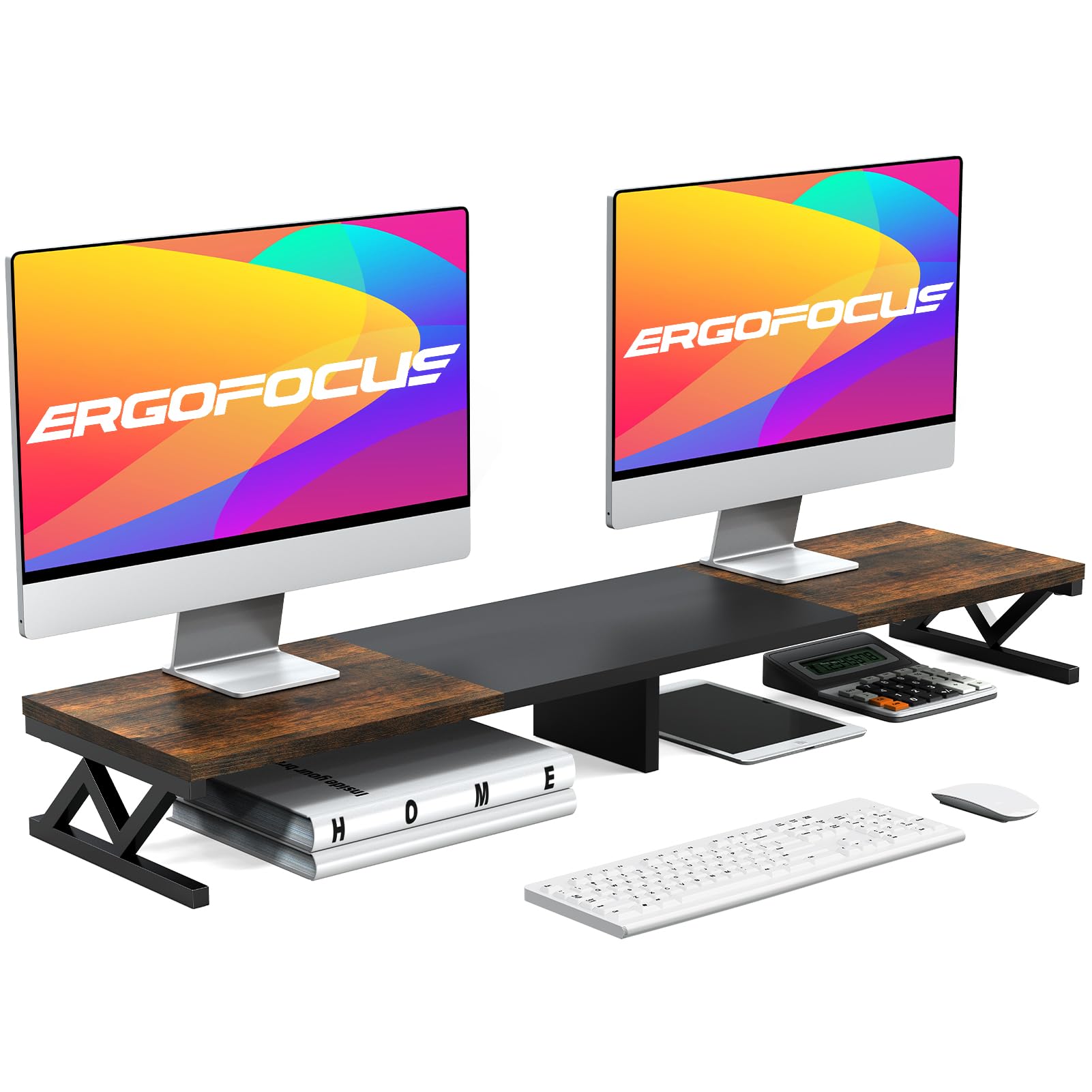 Ergofocus Dual Monitor Stand Riser, Large Wood Monitor Riser For 2 Monitors, Monitor Lift With Storage For Desk, Sturdy Wood&Ste
