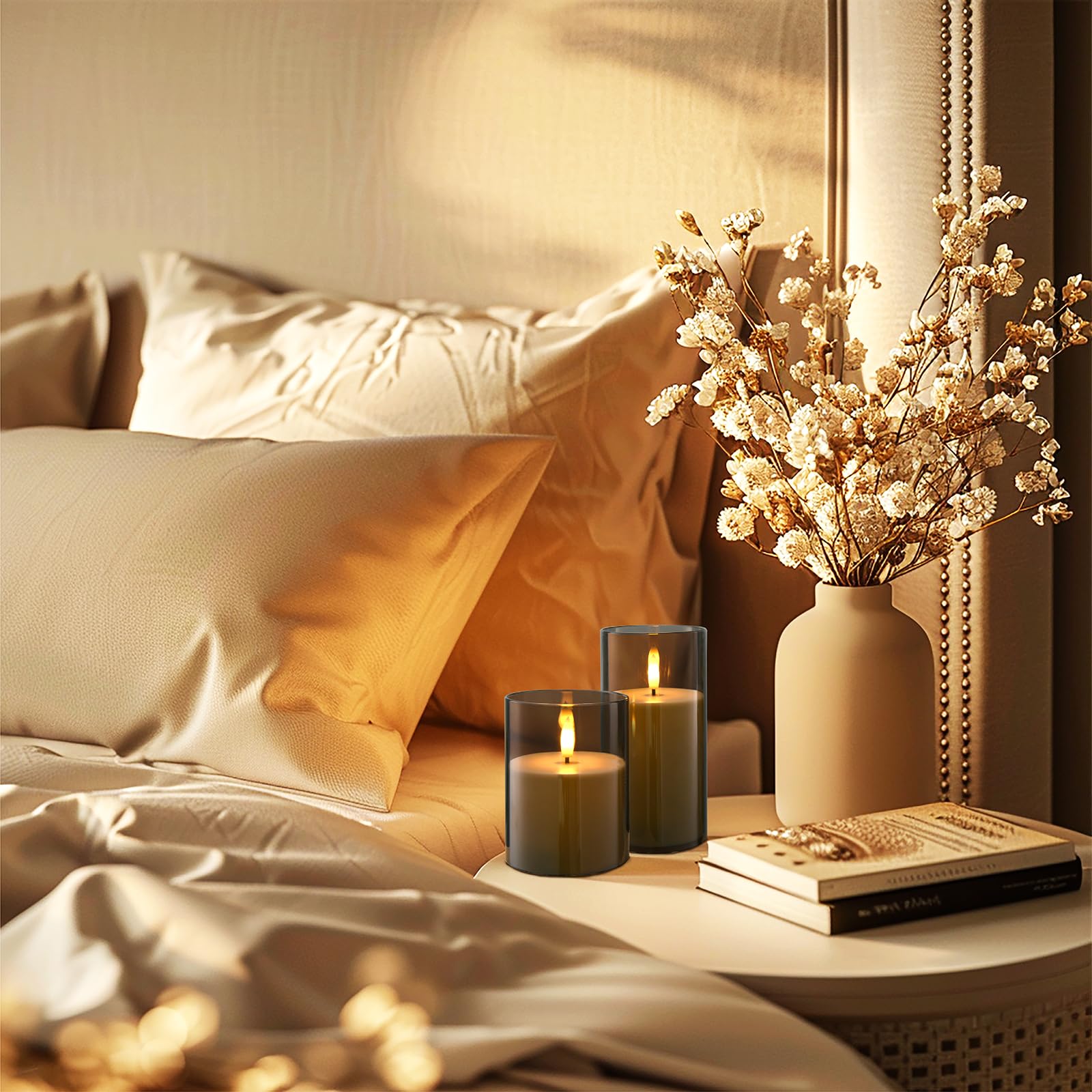 Hausware Set Of 3 Flameless Candles Battery Operated Led Flickering Electric Candles With Realistic 3D Buld And Remote Control T