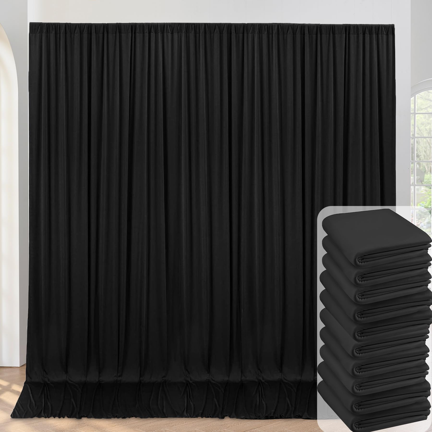 Black Backdrop Curtain For Parties, 10 Panels Wrinkle Free Polyester Photo Backdrop Drapes For Weddings Birthday Anniversary Gra