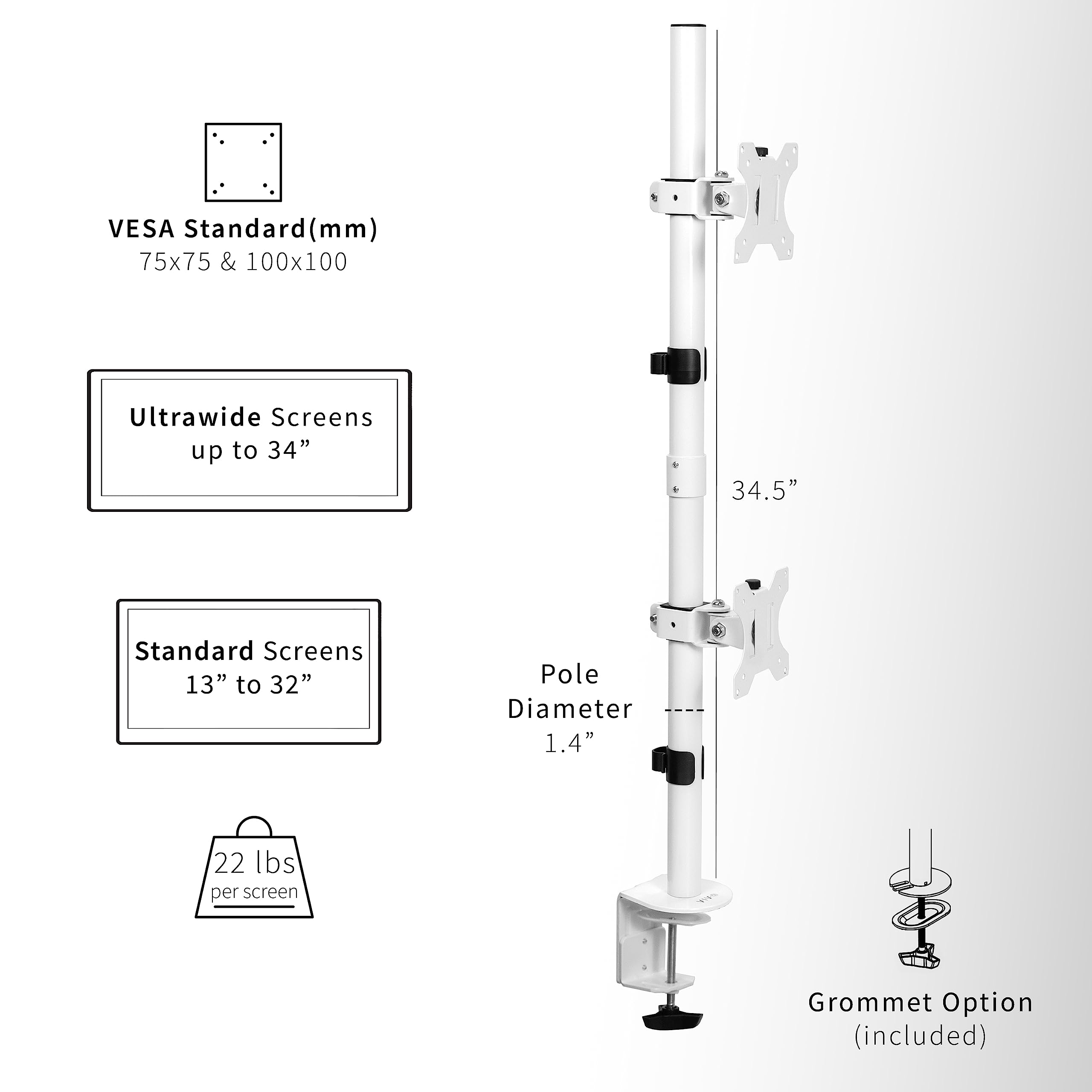 VIVO Dual Vertically Stacked LCD Monitor Desk Mount, Extra Tall Heavy Duty Adjustable Stand for 2 Ultrawide Screens up to 34 inches, 22 lbs Capacity, White, STAND V002TW