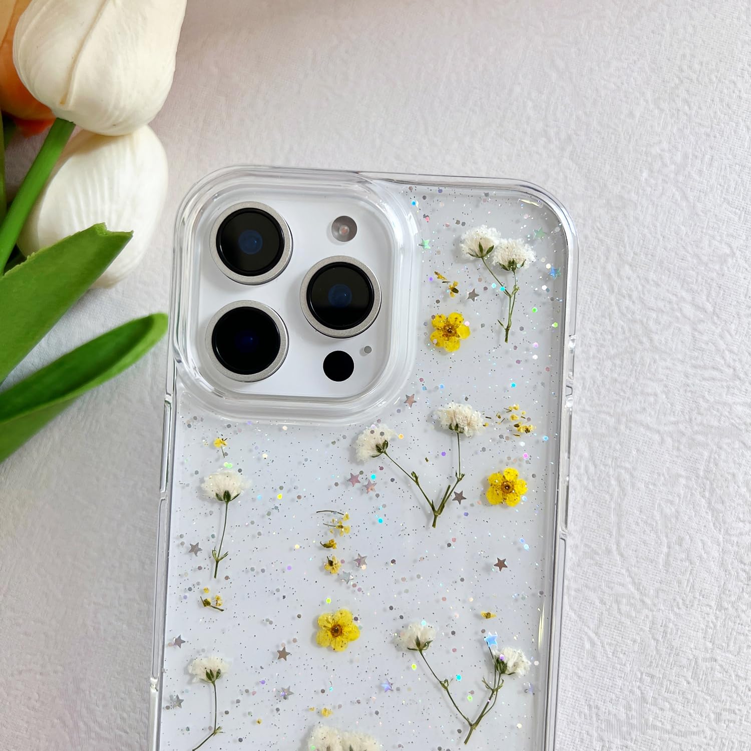 Lseeka For Iphone 16 Pro Max Clear Case With Pressed Real Flowers Design,Glitter Cute Yellow Floral Pattern Slim Soft Tpu Protec