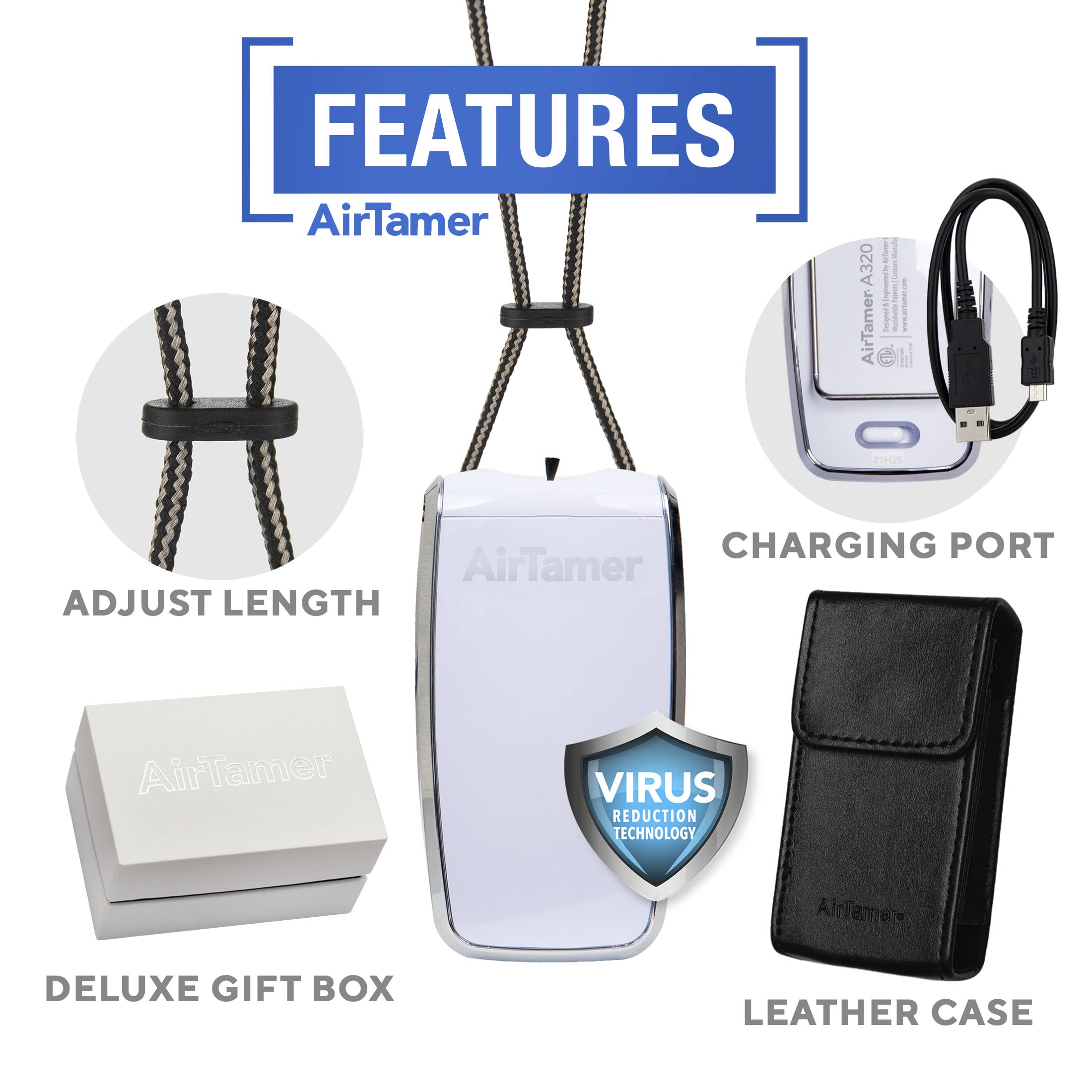Airtamer A320W Rechargeable Personal Air Purifier, Proven Performance, Virus And Pollutant Tested*, White With Leather Travel Ca