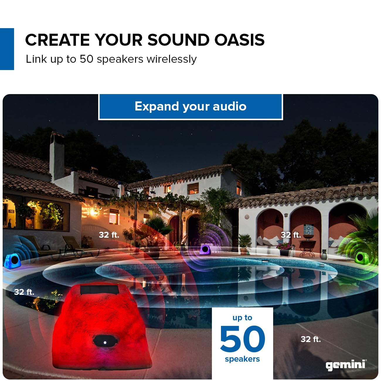 Gemini Sound Ghrk 500Ltms Pr: Portable Solar Powered Bluetooth Rock Speakers Pair With Multi Link, Weather Resistant Design For Outdoor Entertainment, Wireless Connectivity, And Ambient Led Lighting
