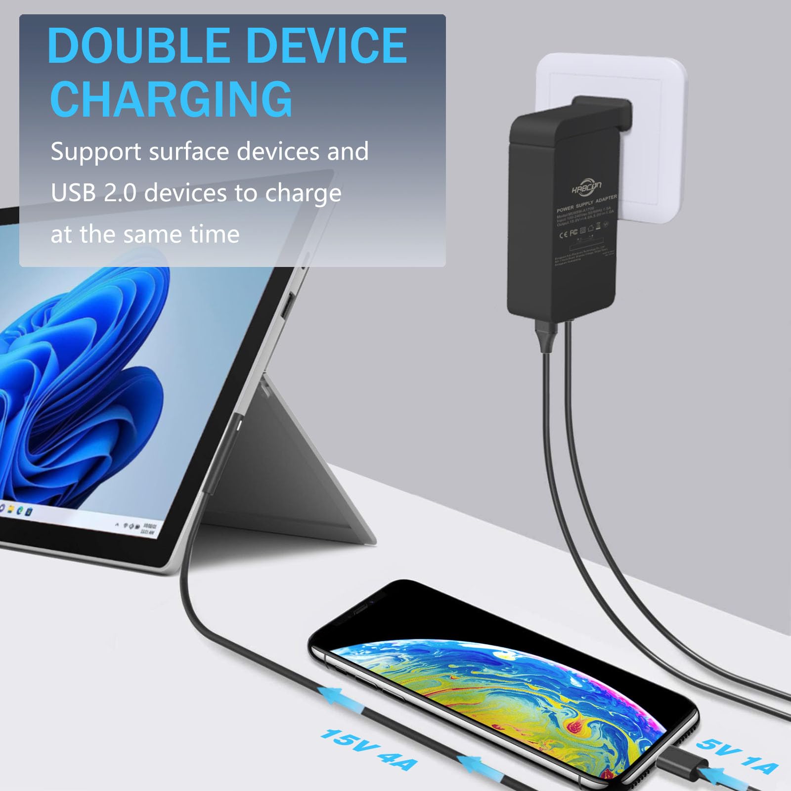 65W Surface Pro Laptop Charger For Microsoft Surface Pro 10 9 8 7+ X 7 6 5 4 3, Windows Surface Laptop 7 6 5 Studio 4 Go 3 2, Surface Go 2 3, Surface Book 2 1, Support 44W 36W, 10.1Ft Cord&Travel Case