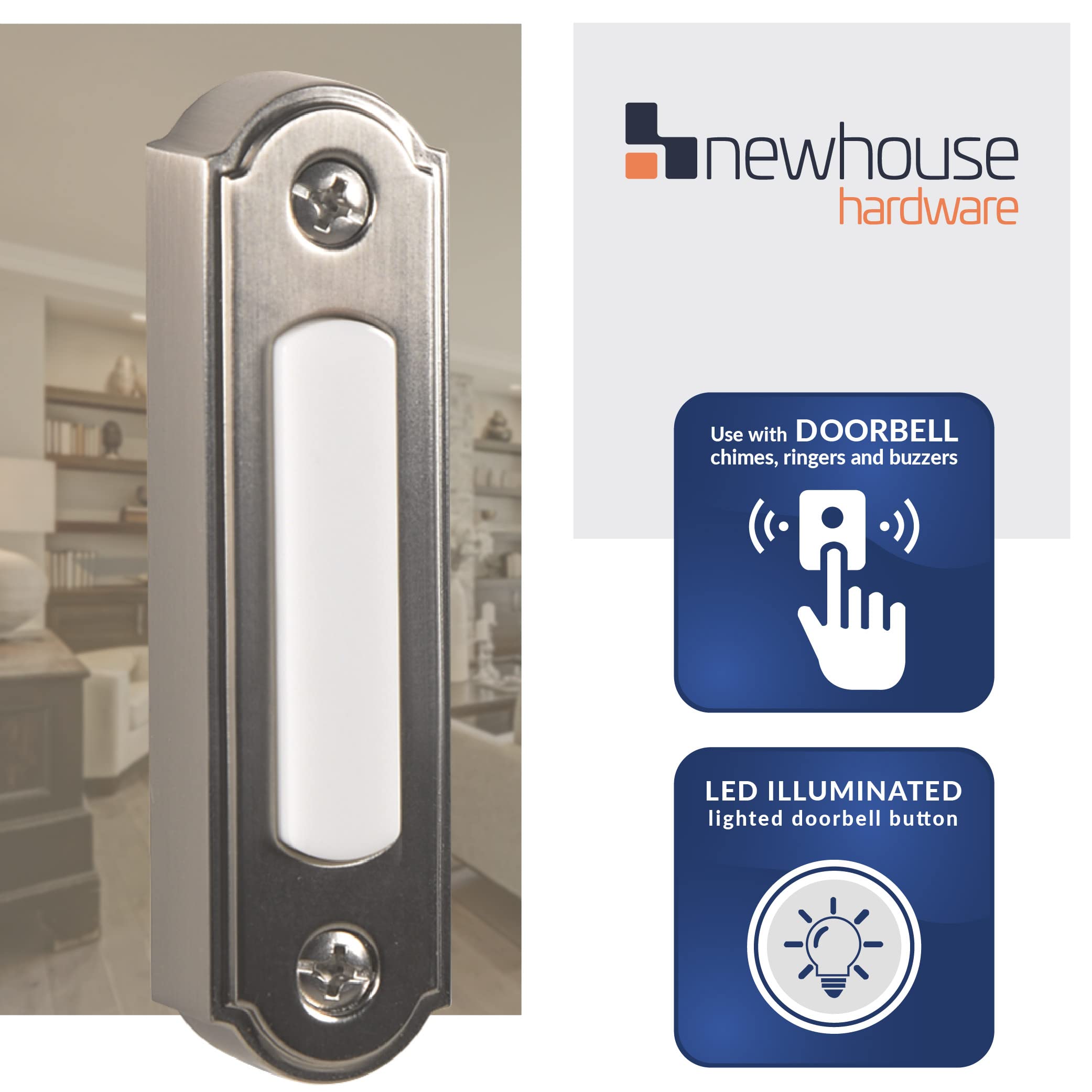 Newhouse Hardware Led Lighted Metal Door Chime Push Button (Satin Nickel) | Surface Mount Lighted Door Bell Button | Replacement