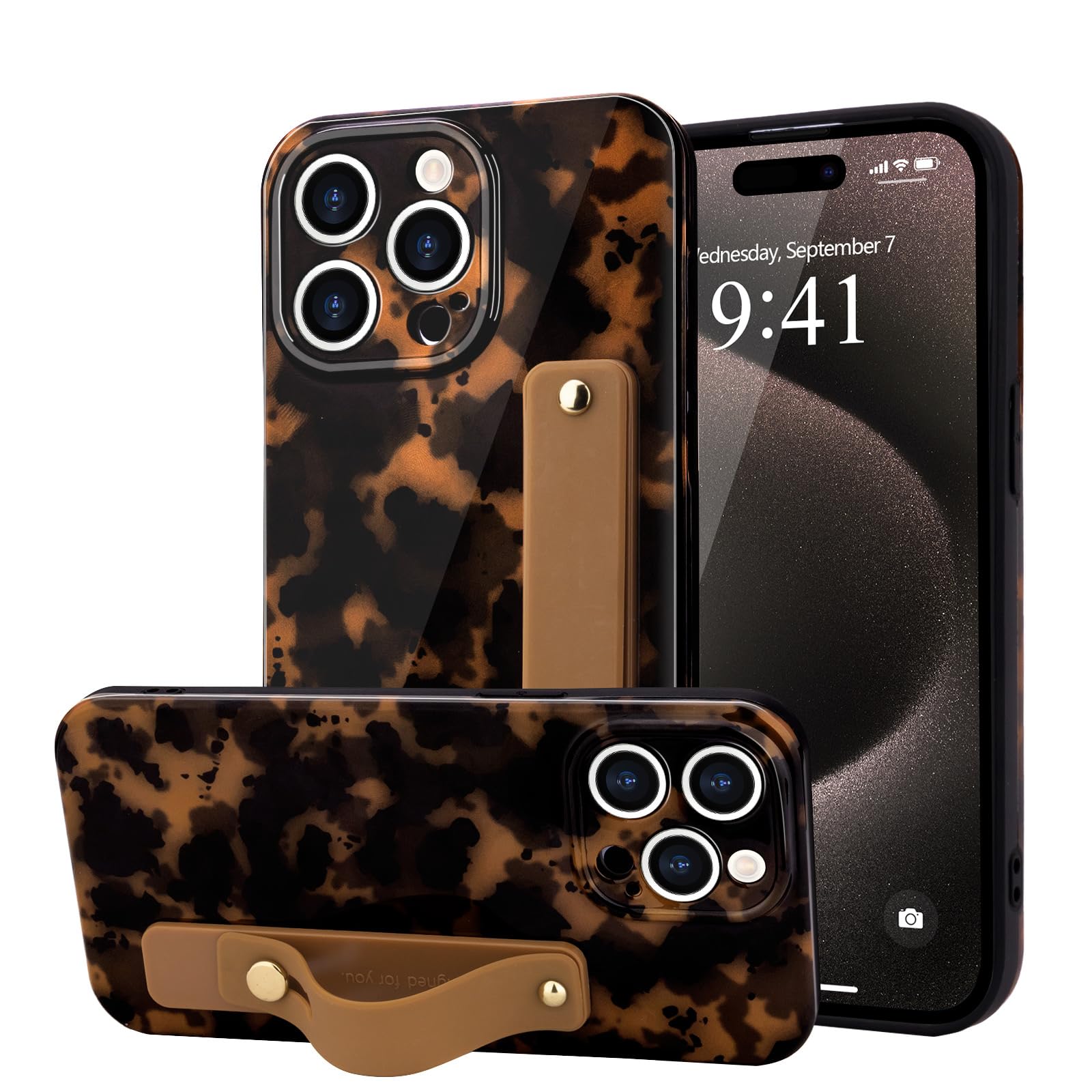 LAPOPNUT For iPhone 15 Pro Max Case with Wrist Strap, Cheetah Leopard Tortoise Shell Print Shockproof Soft TPU Protective Case W