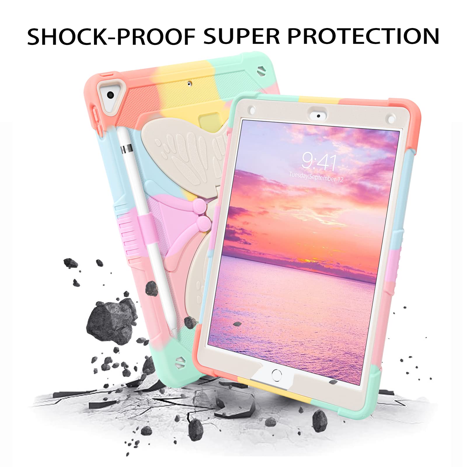 Duedue For Ipad Air 2 Case For Kids, Ipad 6Th/5Th Generation Case 2017/2018, Butterfly Wings Kickstand With Pencil Holder Heavy