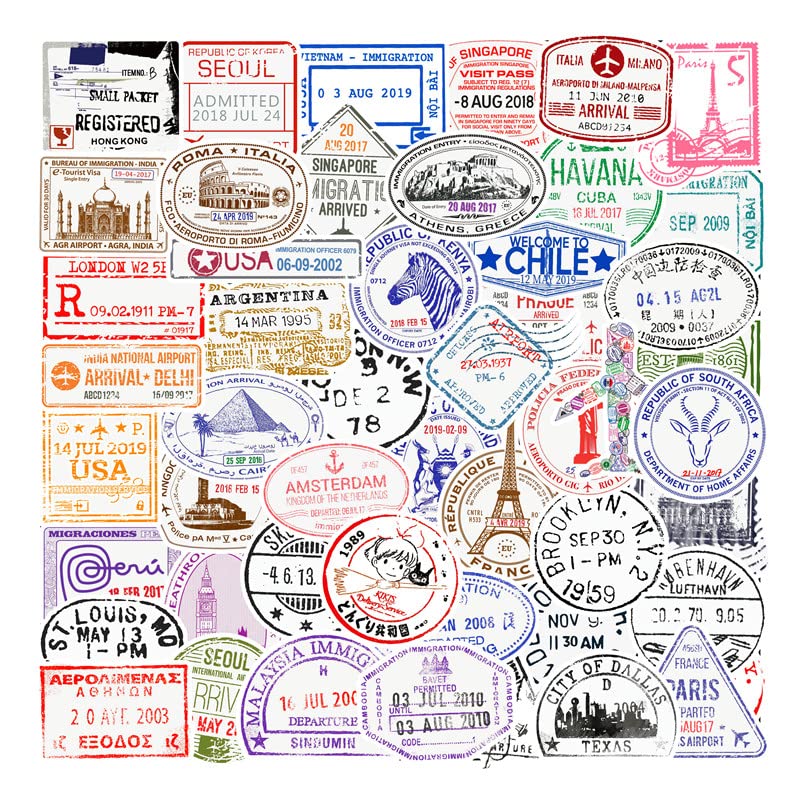 50 Pcs Immigration Stickers Postmark Decals For Water Bottle Laptop Luggage Car Bike Bicycle Helmet Vinyl Waterproof Stamp Stick