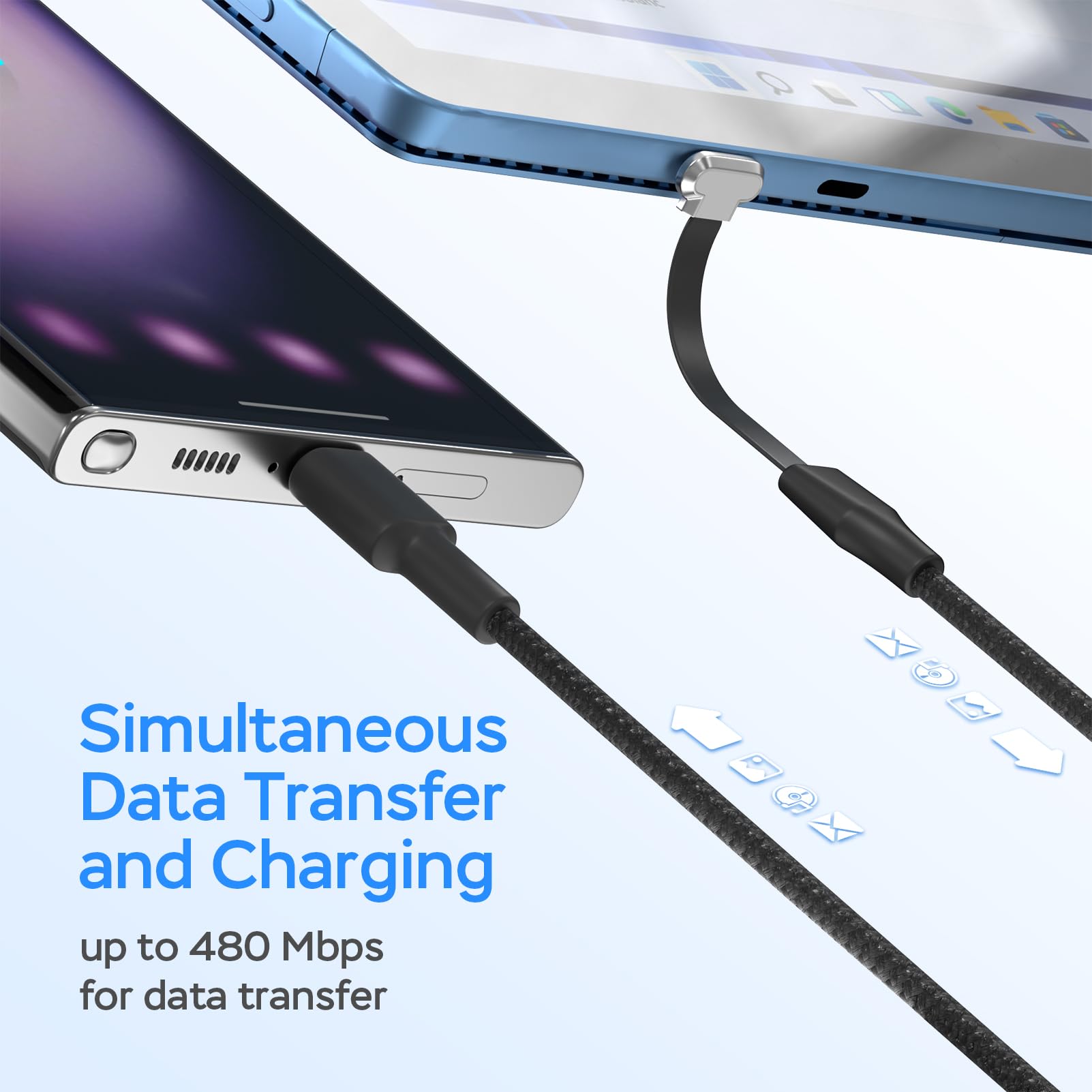 DbillionDa USB C Charger Cable 60W, 3.3ft Flat 90-Degree, High-Speed Data Transfer, Black, Compatible with Samsung & iPhone 15 Pro