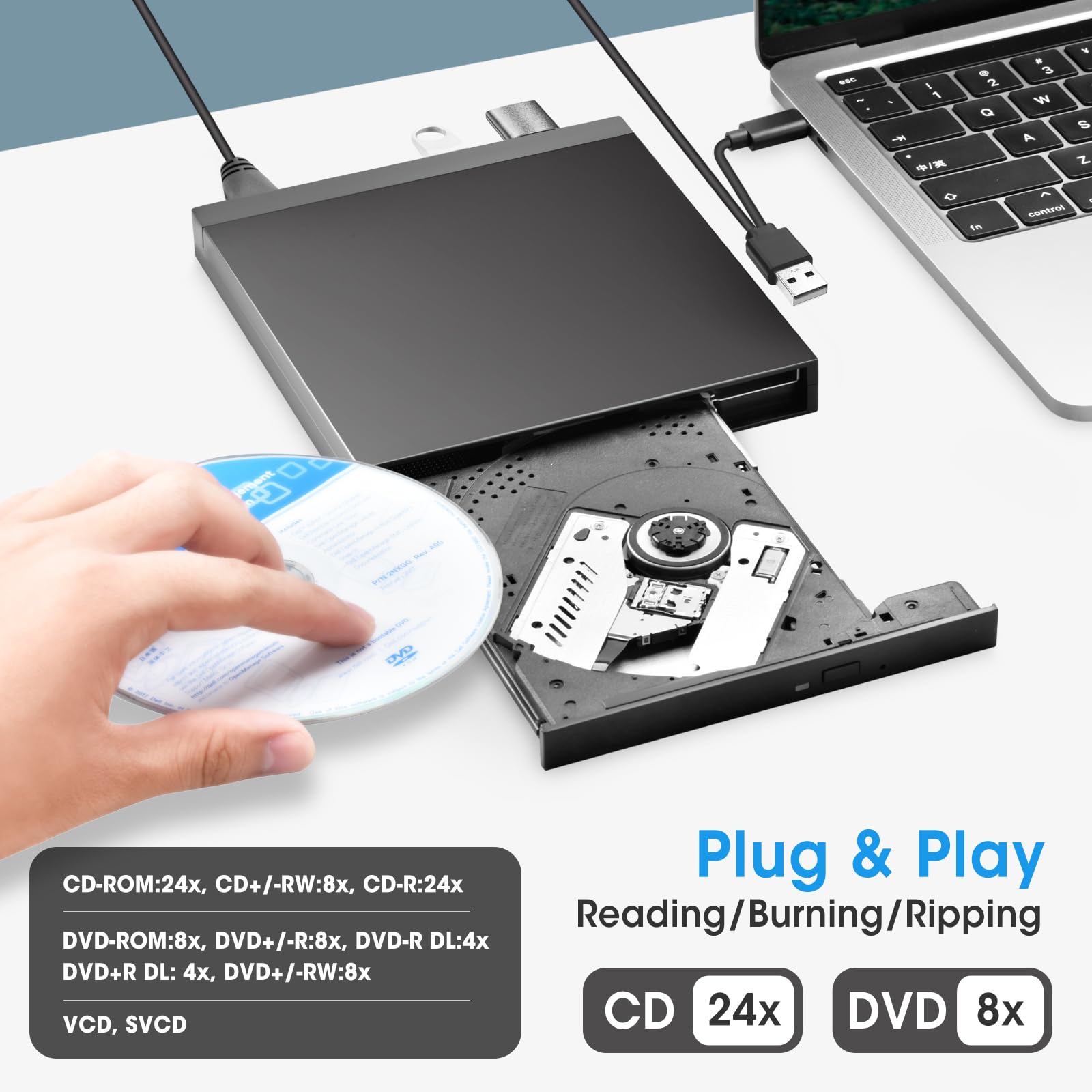Roofull External Cd Dvd +/ Rw Drive, Cd/Dvd Rom Player Burner With Usb Ports And Sd Card Reader, Portable Usb 3.0 Cd/Dvd Optical