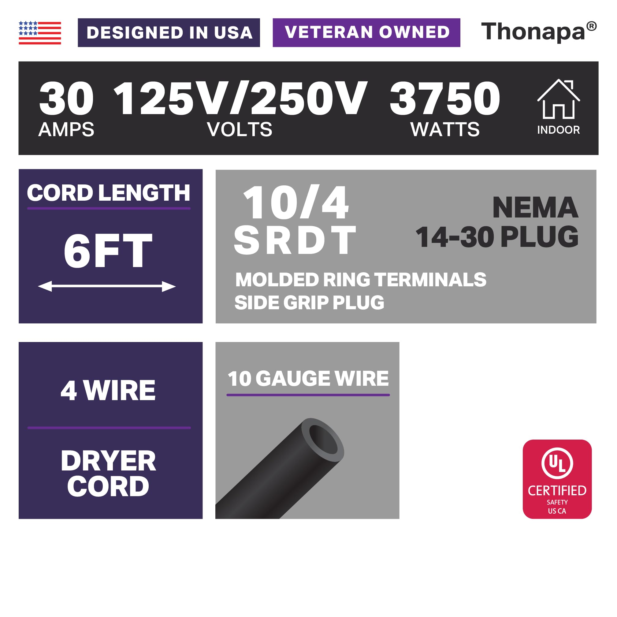 Thonapa 4 Prong Dryer Cord 6 Ft, 30 Amp Appliance Extension Cord With 4 Prong, Nema 14 30 Plug, 10/4 Srdt Dryer Power Cord 6 Foo