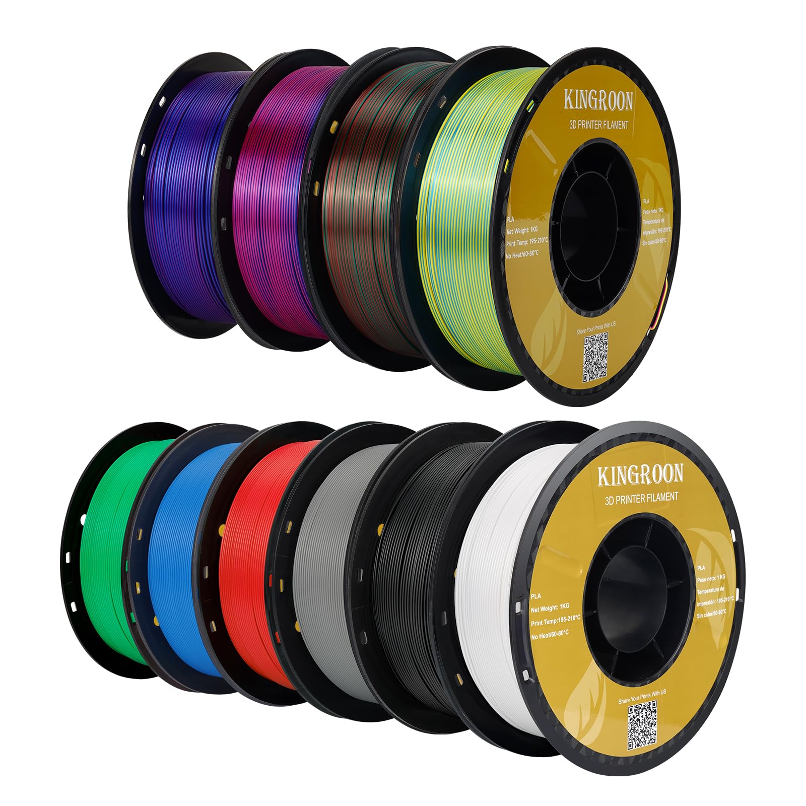 Kingroon Pla 3D Printer Filament,10 Rolls, 10Kg Spool(22Lbs),Single And Triple Color1.75 Mm,Black+White+Red+Green+Blue+Red Green