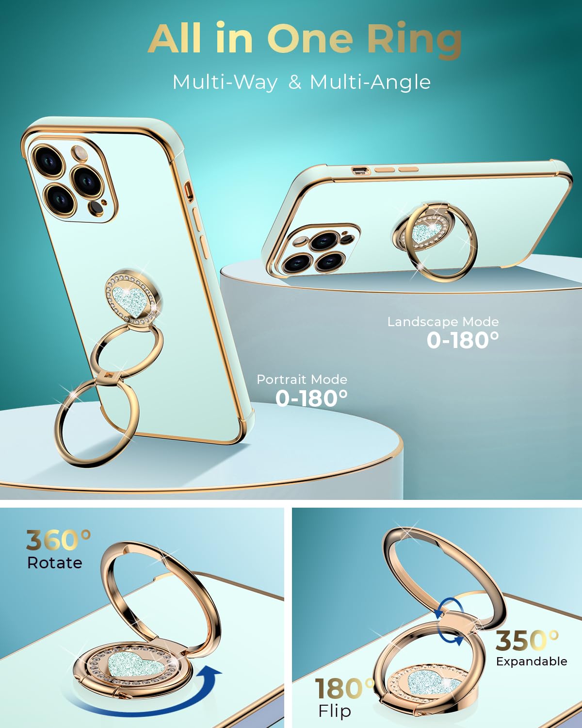 Xyz For Iphone 13 Pro Max Case With Stand, Phone Case With Double Ring Kickstand, Women Girl Cute Love Heart Luxury Bling Protec