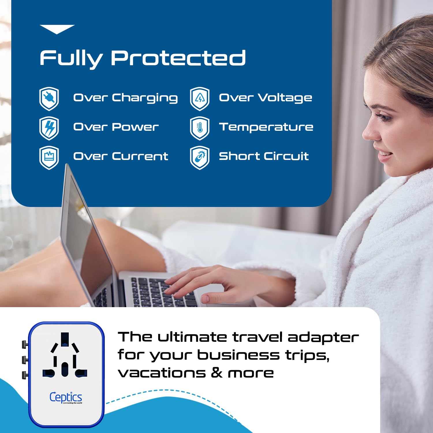 Ceptics Universal Travel Adapter Plug World Power W/ 4 Usb Ports   Charge Cell Phones, Smart Watches, Iphones   For Internationa