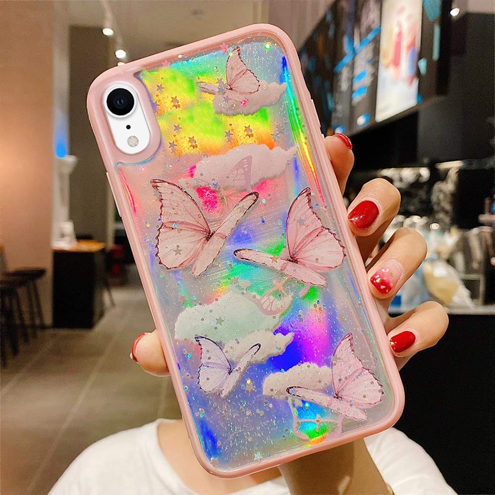 LCHULLE iPhone Xr Case Iridescent Butterfly Laser Bling Glitter Soft TPU Pink