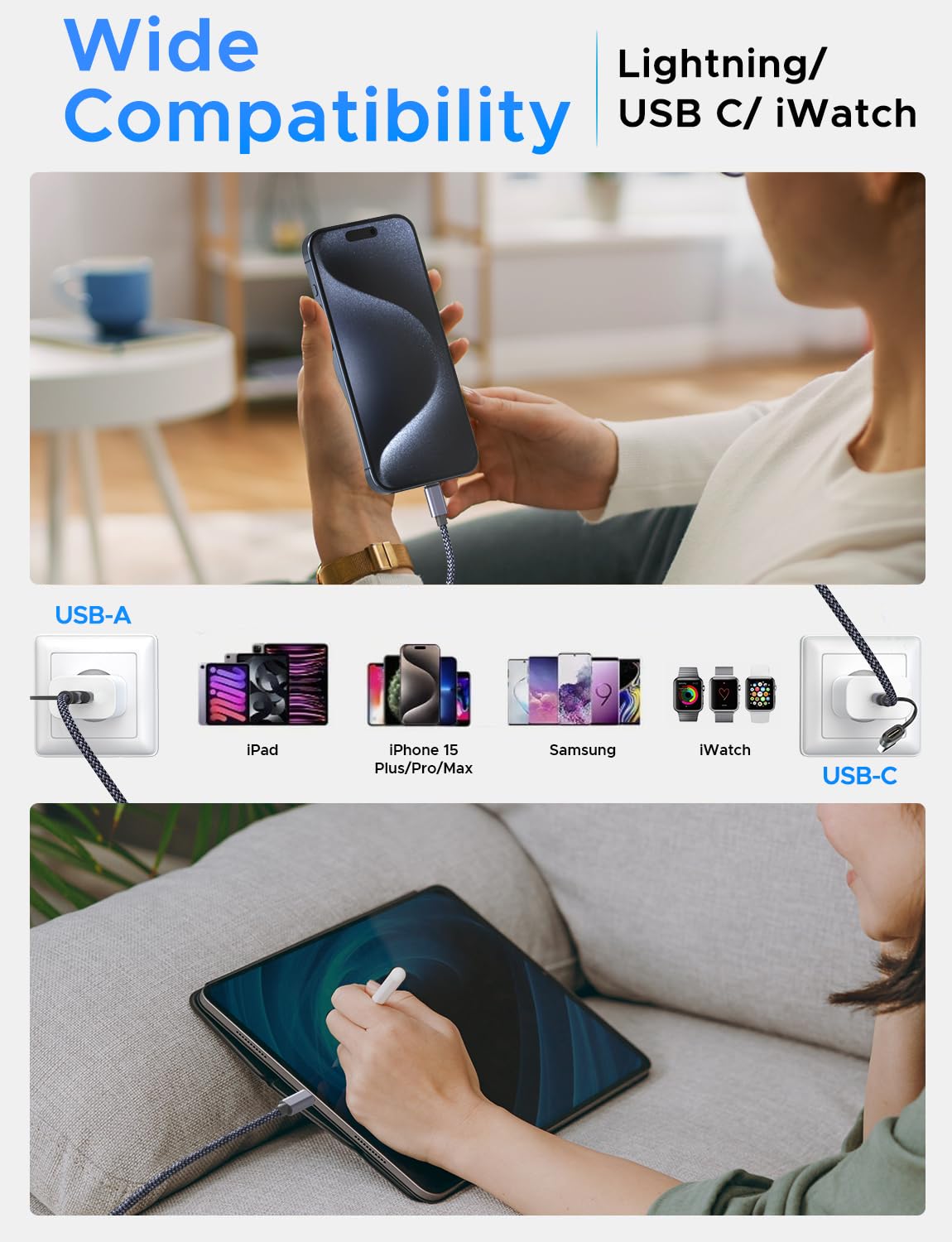 Upgraded 3 In 2 Usb C Cable For Apple Watch Charger Iphone Charger Usb C Multi Fast Charging Cable Compatible With Iwatch Ultra/