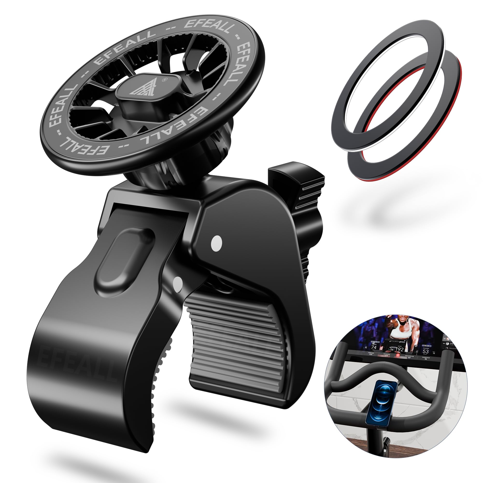 EFEALL Magnetic Phone Holder, Strong Magnet Stroller Phone Mount with Two Metal Rings, for Indoor Gym Equipment(for Peloton Bike