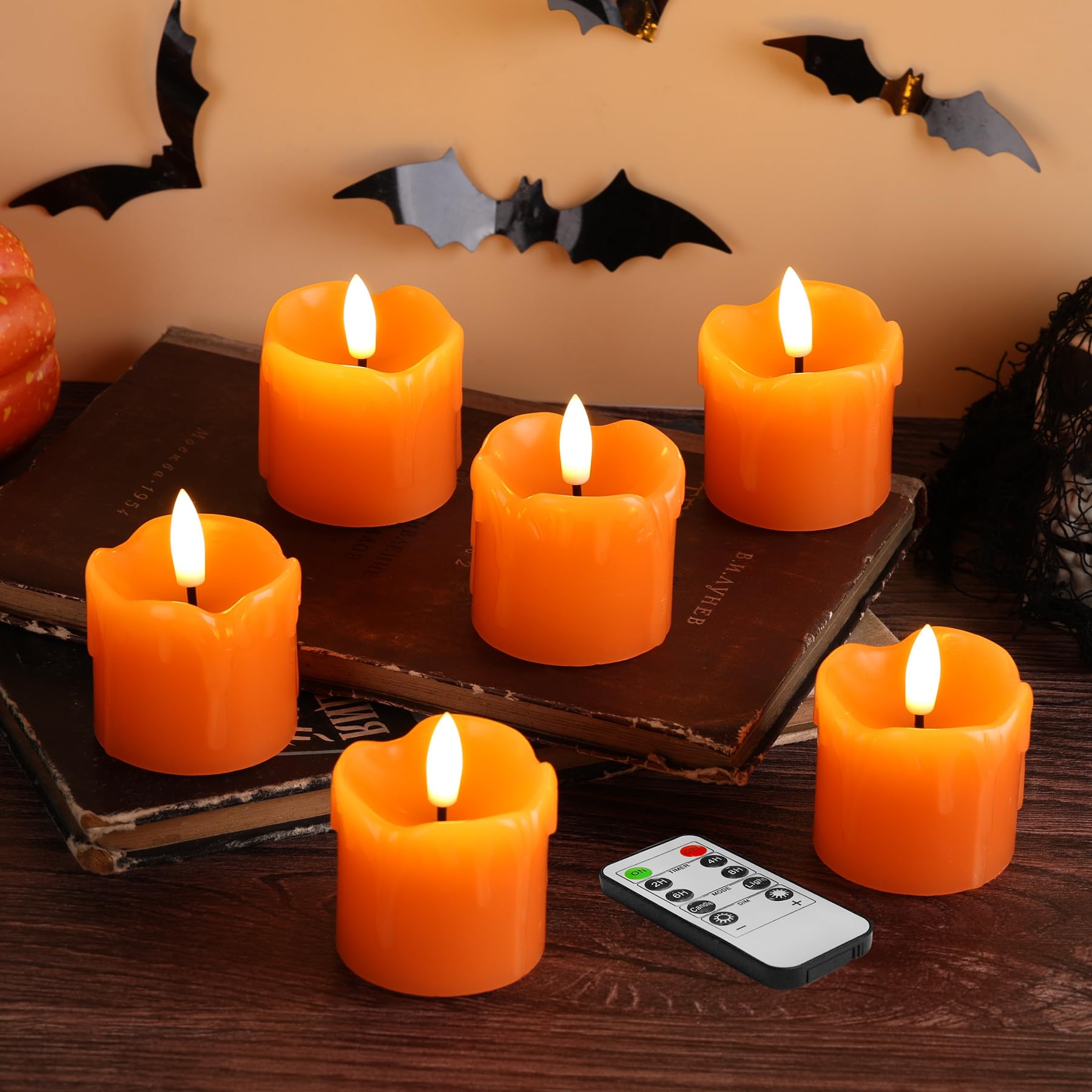 Eywamage Orange Dripping Wax Led Votive Candles With Remote, 2X2 In Flickering Flameless Halloween Fall Candles Set Of 6