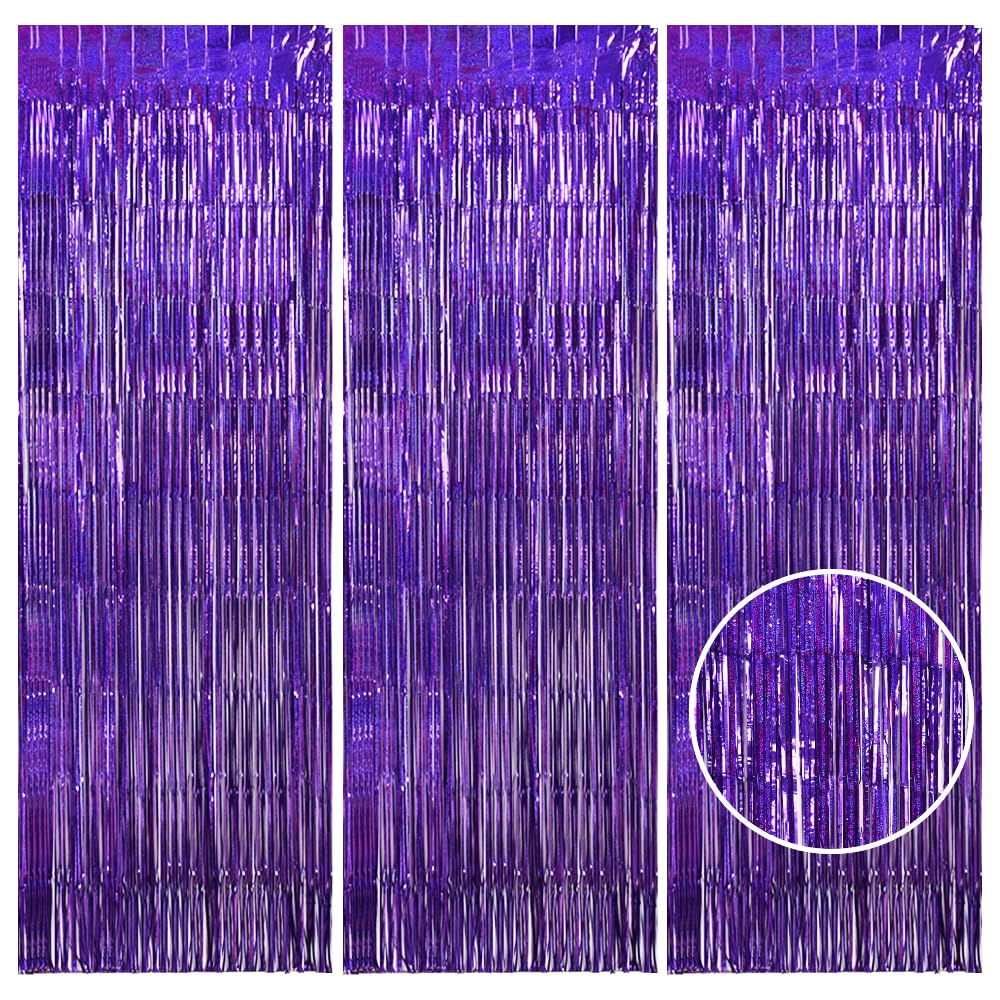 Toniful 3Pcs Laser Purple Door Streamers,Laser Purple Photo Booth Backdrop Metallic Streamers Laser Purple Foil Fringe Curtains