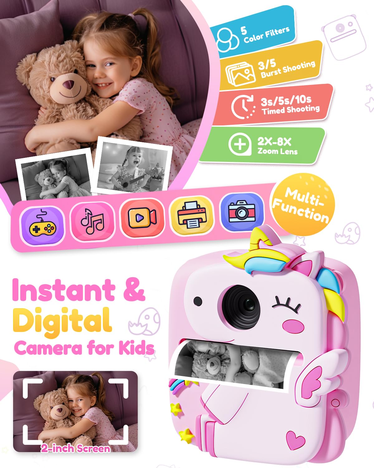 Kids Camera Instant Print, 1080P Hd Digital Video Cameras For Kids With Print Paper & Sd Card, Christmas Birthday Gifts For Girl