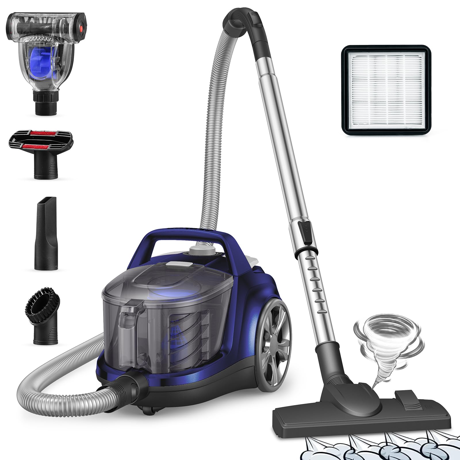 Aspiron Canister Vacuum Cleaner, Lightweight Bagless Vacuum Cleaner, 3.7Qt Large Dust Cup, Automatic Cord Rewind, 5 Tools, Hepa 