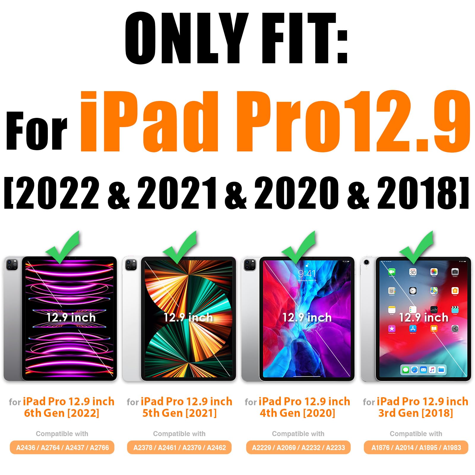 Seymac Stock Case For Ipad Pro 12.9'' 2022/2021/2020/2018 With Screen Protector 360 Rotating Stand Hand Strap, Drop Proof Case F