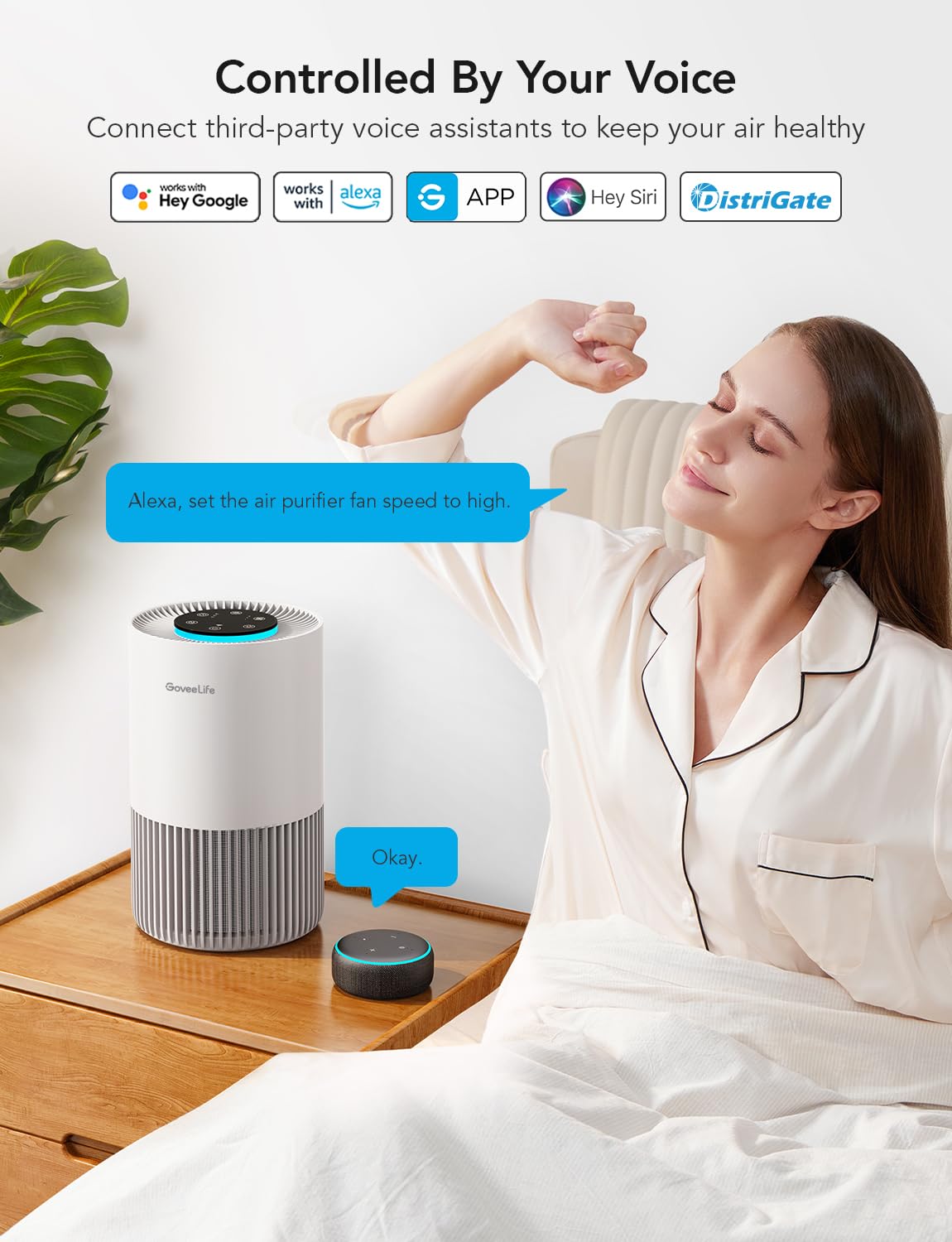 Goveelife Smart Air Purifiers For Bedroom, Hepa Portable Filter Cleaner With Wifi Alexa Control For Pet Hair Odors Pollen Smoke,