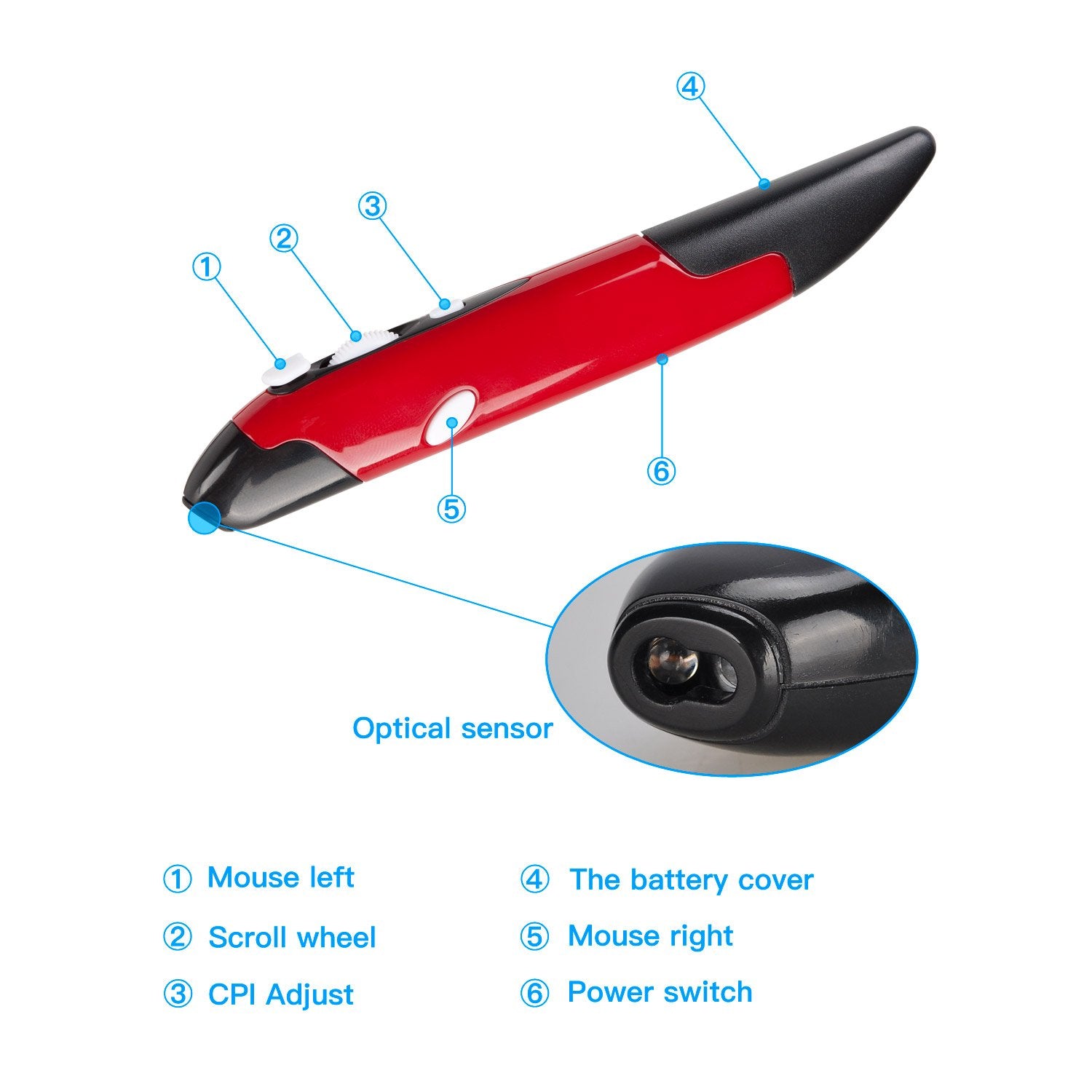 Lychee Wireless Optical Pocket Pen Mouse, 2.4Ghz Usb Wireless Optical Pen Mouse 800/1200/1600 Dpi Adjustable Handwriting Mini Mi