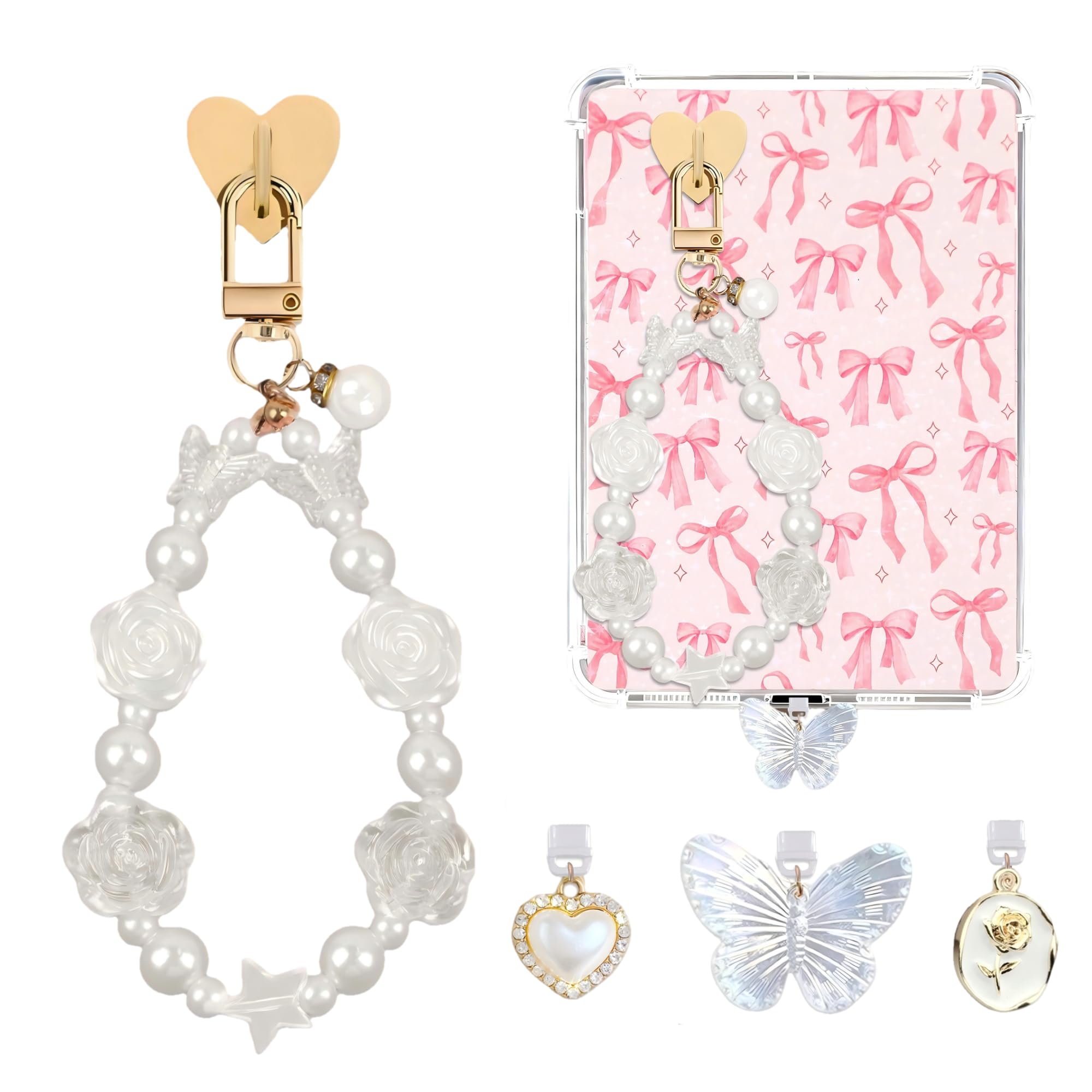 TAKEALOOKO Dust Plug Charm Chains for Kindle - 4Pcs Butterfly Bow Flower Phone Charms Bracelets with Type-C Dust Plug Kit for ki