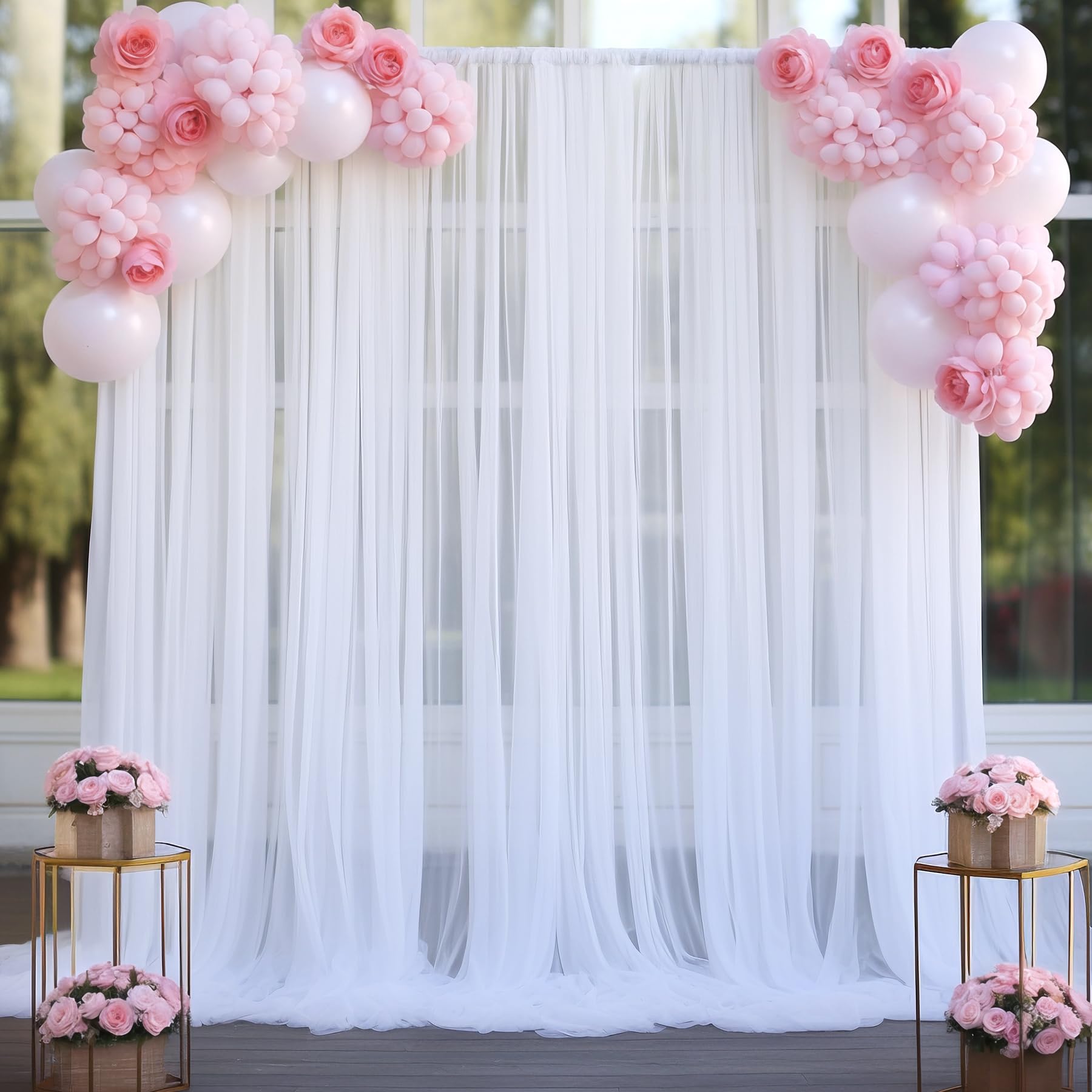 10Ft X 10Ft White Sheer Tulle Backdrop Curtains For Party Wedding Wrinkle Free Curtain Backdrops Drapes For Baby Shower Birthday