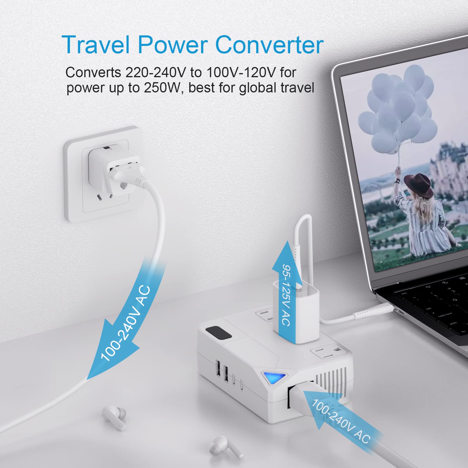 Travel Voltage Converter Step Down, 250W International Power Adapter For Hair Straightener/Curling Iron, Including Uk/Us/Eu/Au/I