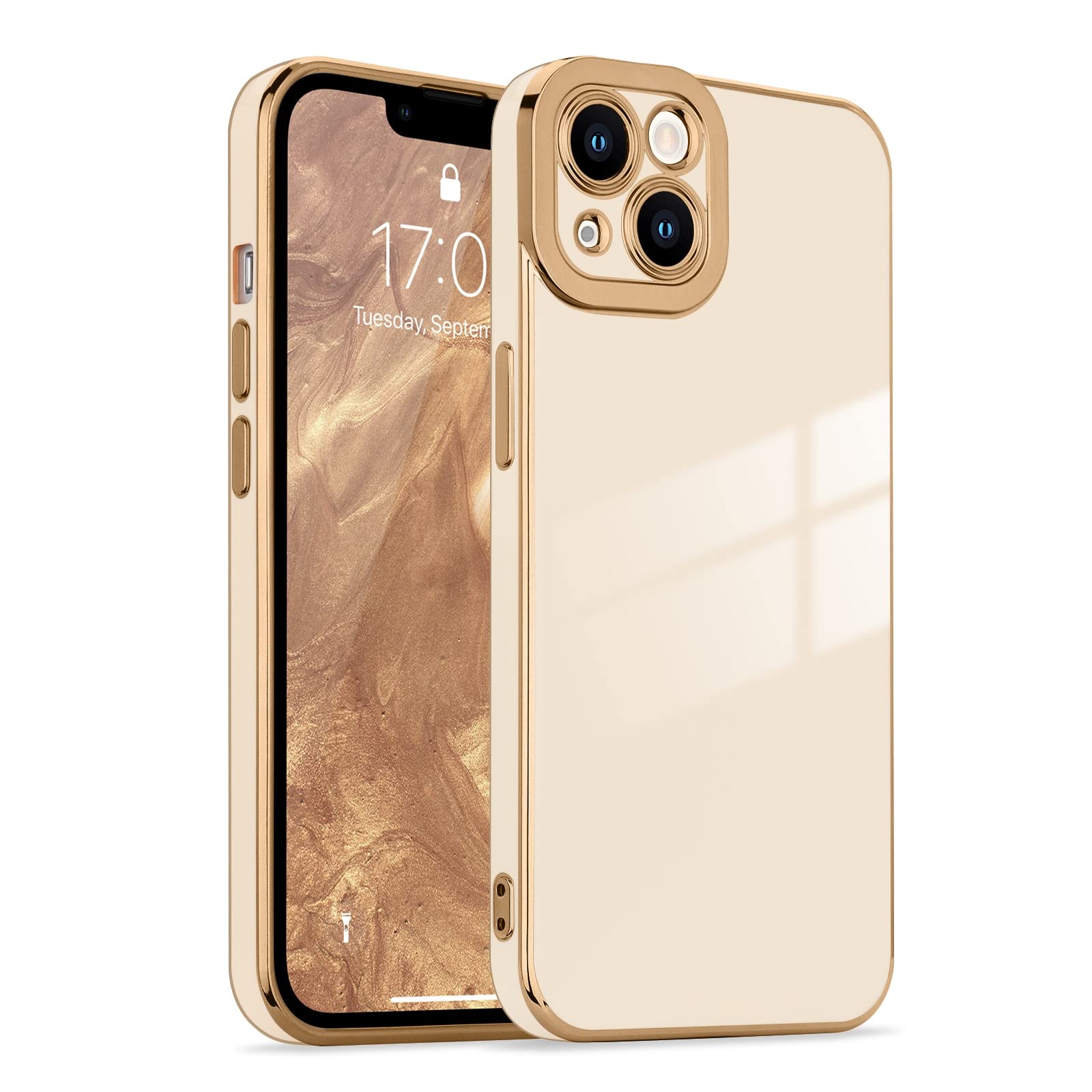 Lafunda Compatible For Iphone 13 Case Cute, Luxury Golden Edge Electroplate Case For Women Girls, Full Camera Protection Shockpr