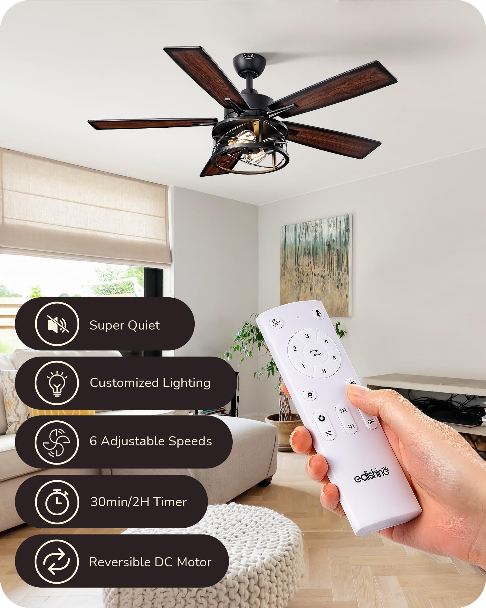 Edishine 42 Farmhouse Ceiling Fans With Lights, Remote Control, Dimmable, 6 Speeds, 5 Wood Blades, Dc Reversible Motor, Timer, N