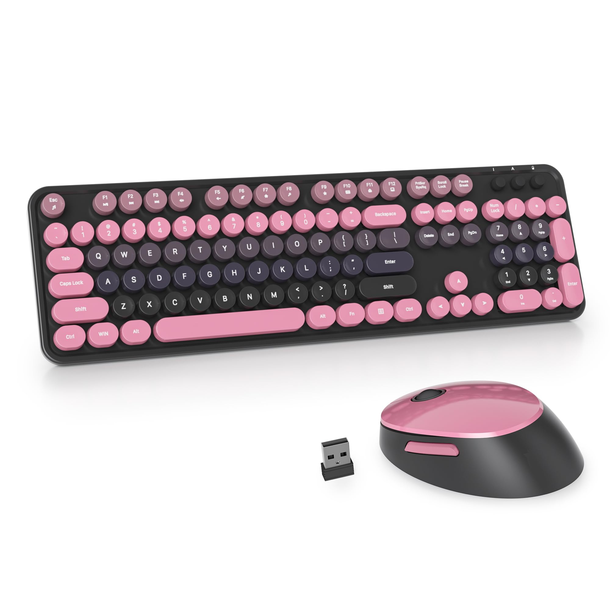 Guffercty kred Black and Pink Keyboard and Mouse Wireless, Retro Typewriter Cute Colorful Wireless Keyboard Full-Size 2.4GHz wit