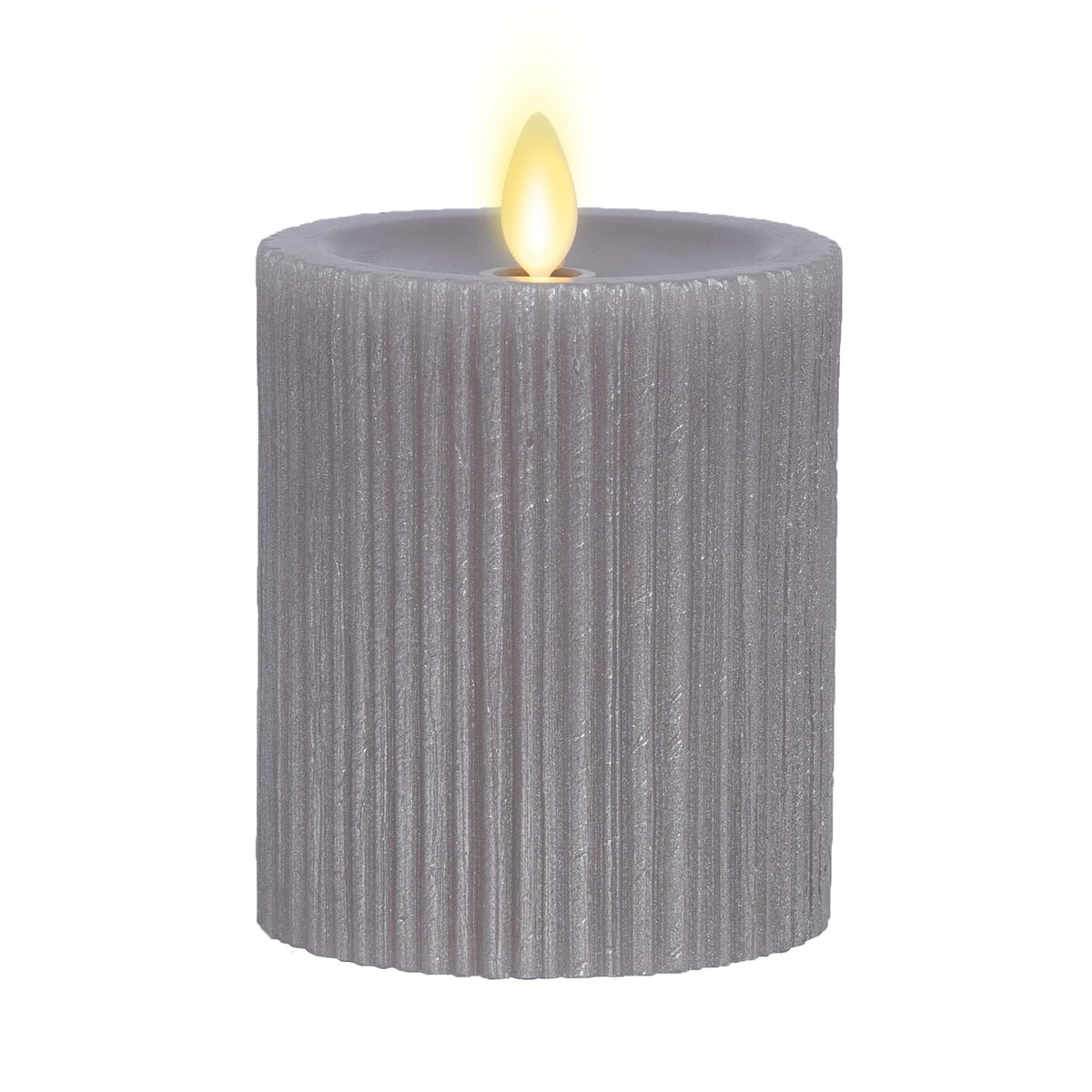 Luminara Flameless Led Candle (3.25X4.5) With Embossed Metallic Furrow, Moving Flame Led Pillar, Real Wax With Recessed Edge, Ba
