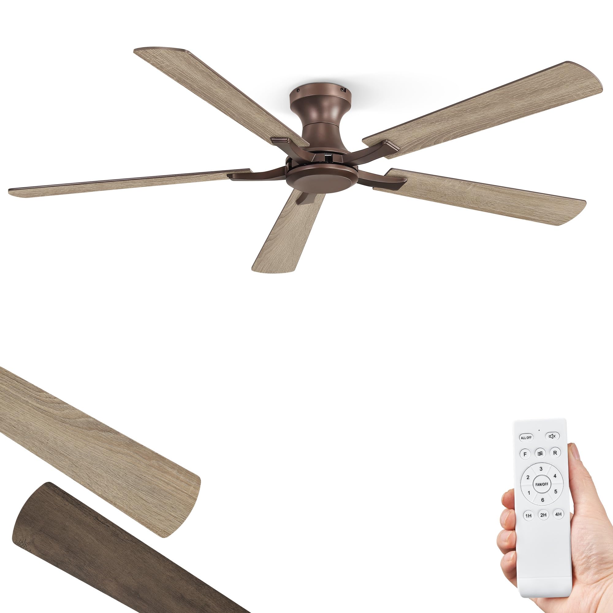 ZMISHIBO 60 Inch Ceiling Fan No Light, Flush Mount Low Profile, Farmhouse Brown Ceiling Fan Without Light, Remote Control & Quie