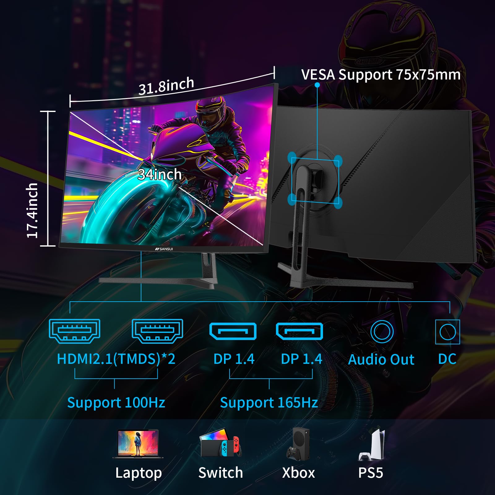 Sansui 34 Inch Curved Gaming Monitor Uwqhd 3440 X 1440 165Hz Curved 1500R   Pip/Pbp, 1Ms(Mprt), Hdr, 300Nits, Srgb 125%, Dci P3