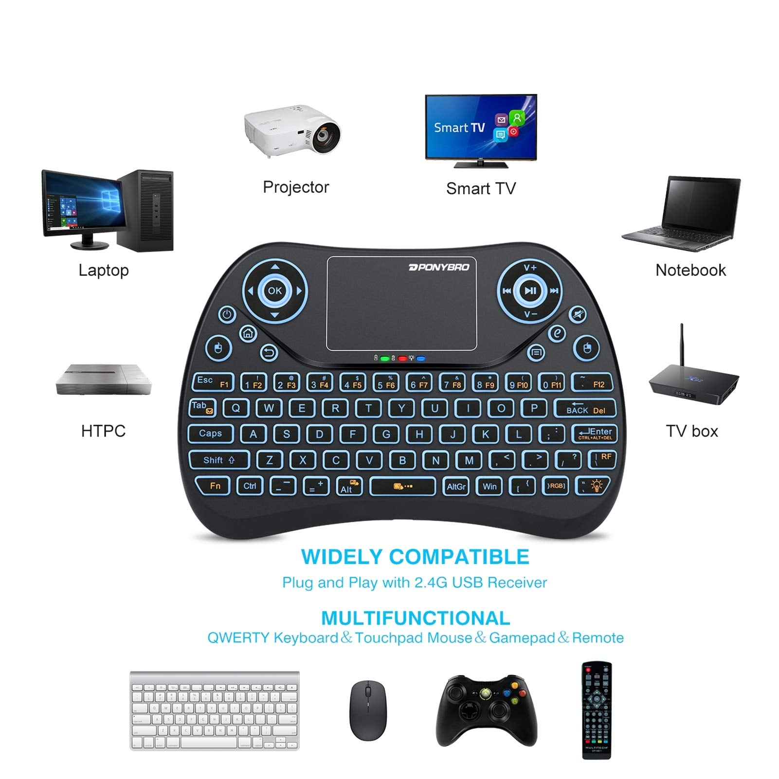 Ponybro (Newest Version) Backlit Mini Wireless Keyboard With Touchpad Mouse Combo Qwerty Keypad,Rechargeable Handheld Keyboard R