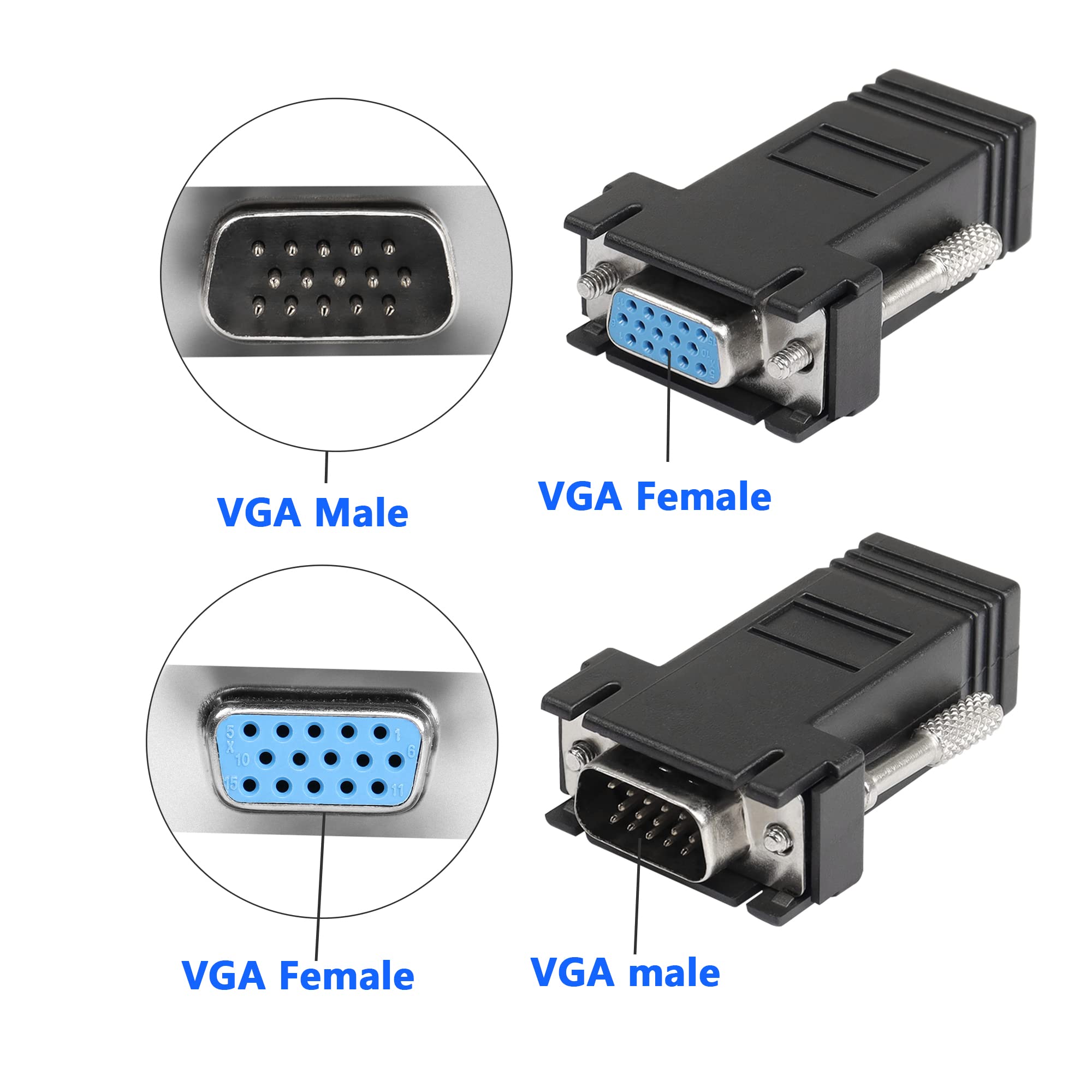 Gelrhonr Vga Extender Over Ethernet Adapter, Vga To Rj45 Signal Extender Adapter, Vga 15 Pin Male/Female To Rj45 Female Extender